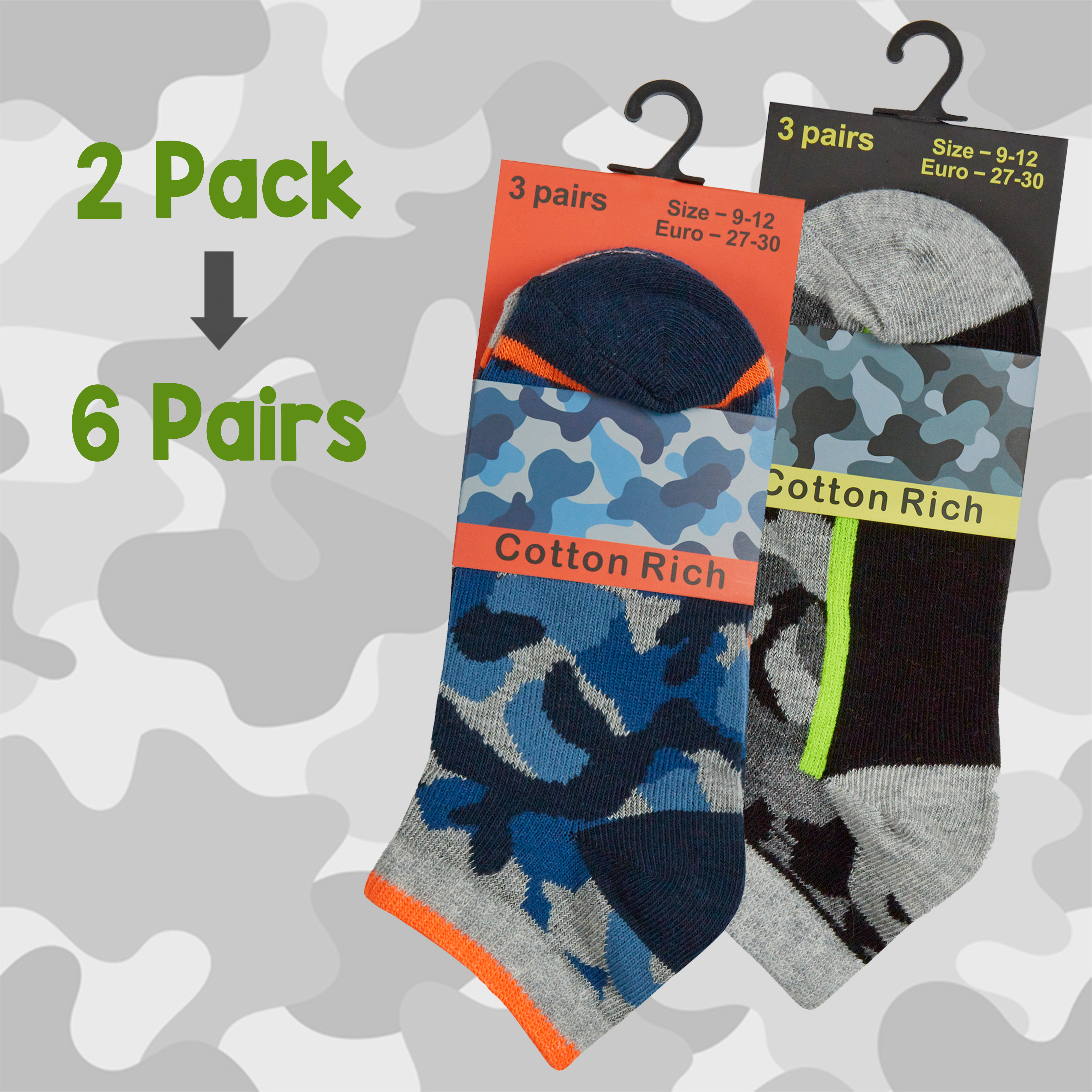 Kids Boys Ankle Liner Trainer Socks Camo Camouflage Print Soldier 6 Pairs Cotton - Picture 9 of 9