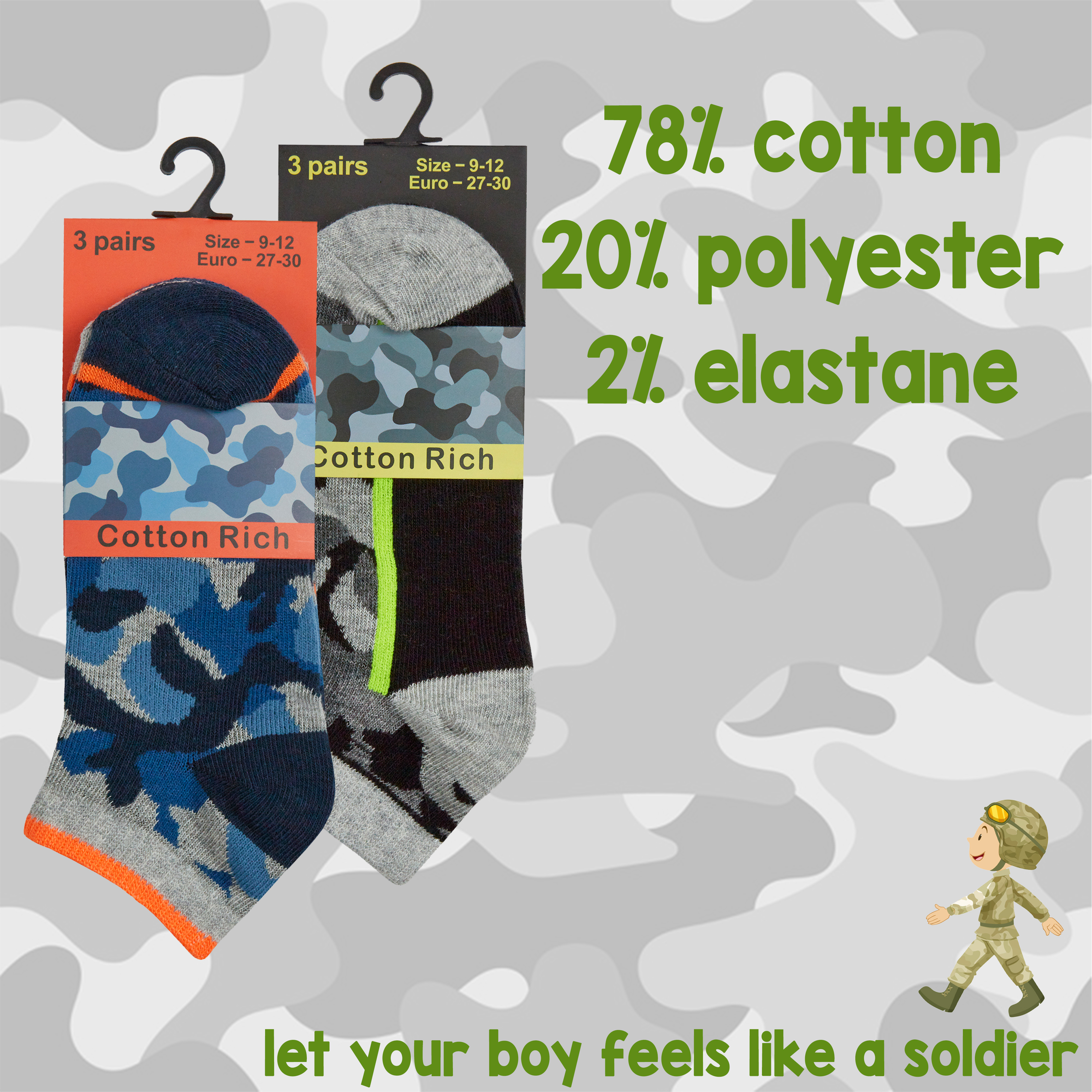Kids Boys Ankle Liner Trainer Socks Camo Camouflage Print Soldier 6 Pairs Cotton - Picture 8 of 9