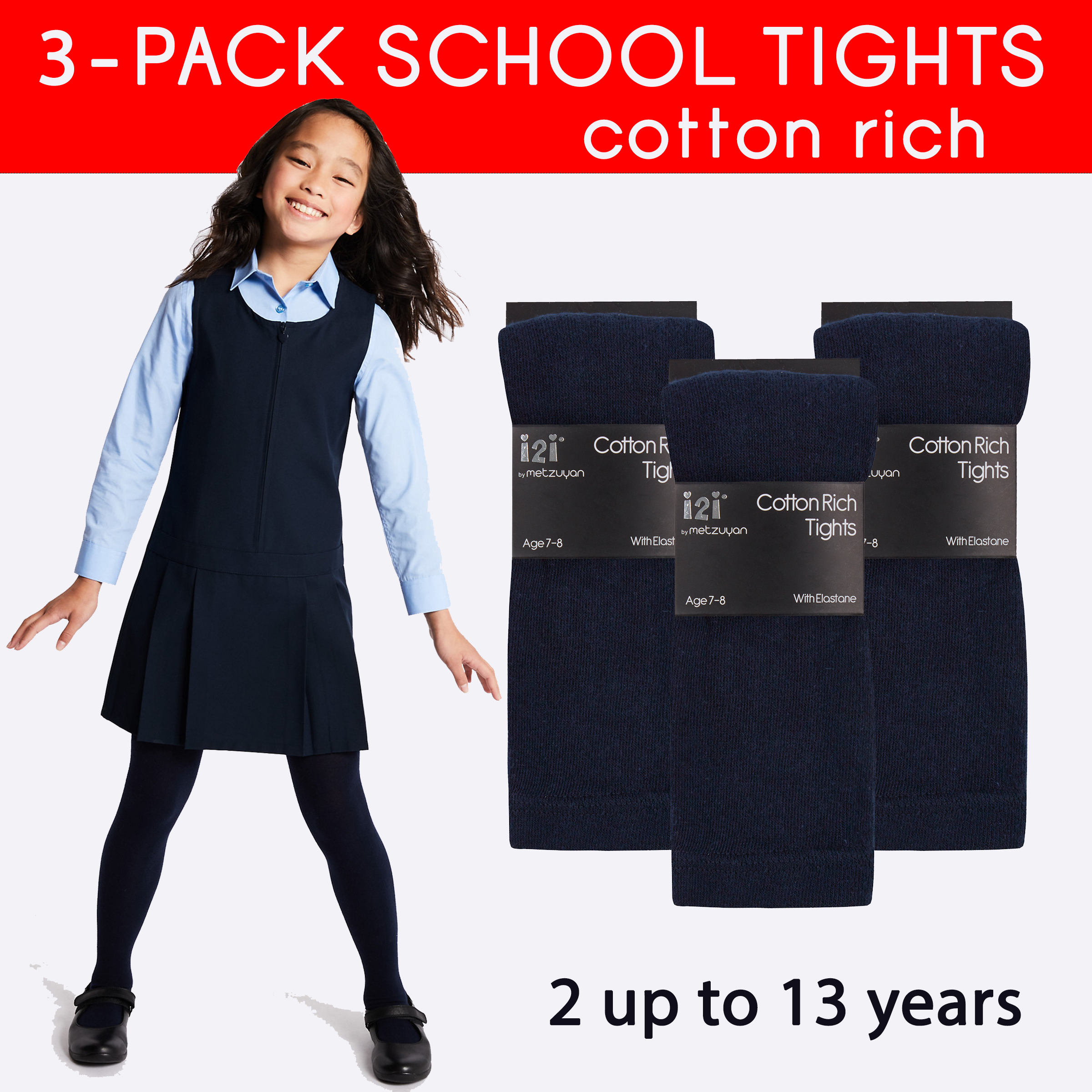 Bonnin Girls Cotton School Tights - 3 Pack, Assorted Colors, Stretchy, Sizes 0-11 Years