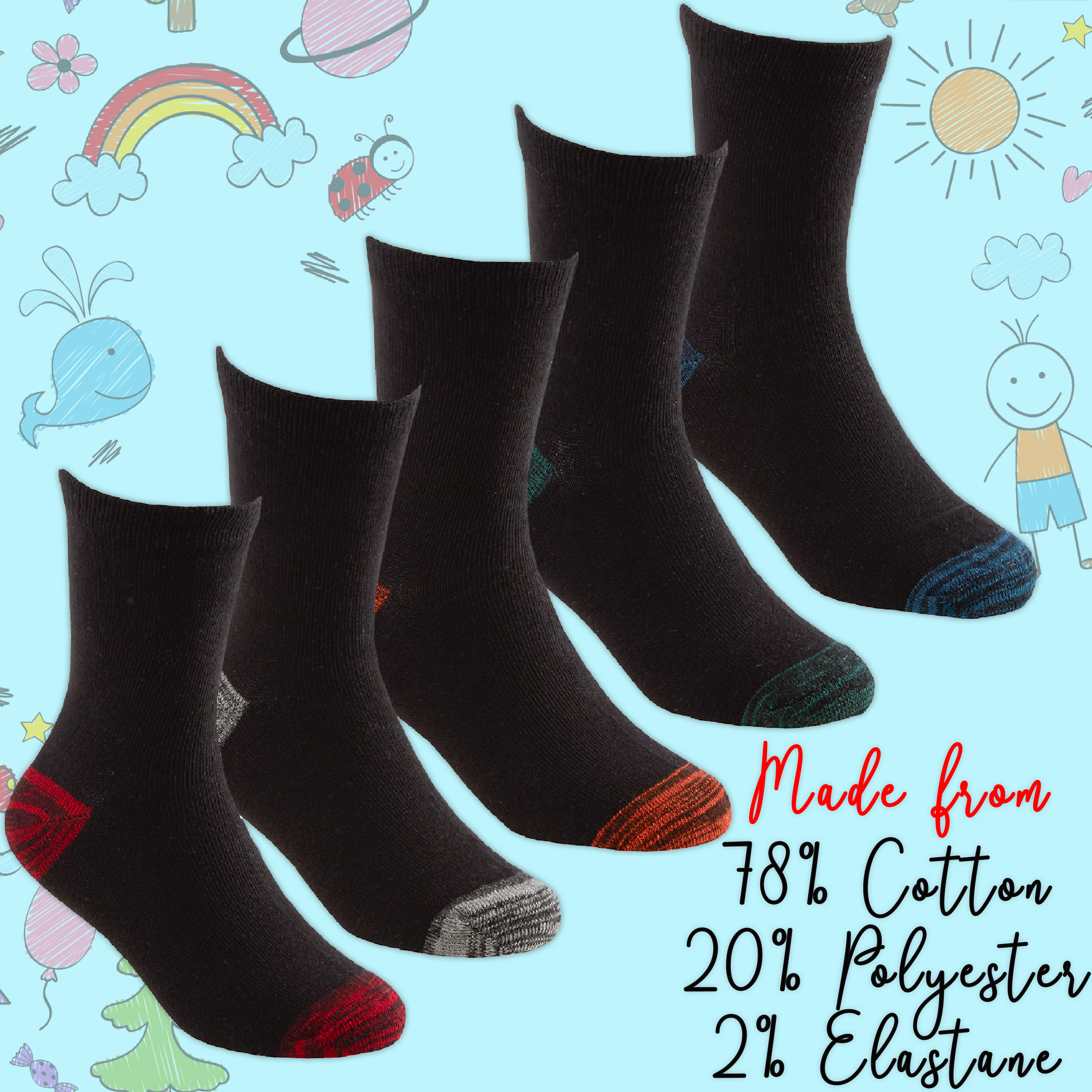 5 Pairs Boys Socks Childrens Everyday Multipack Back to School Cotton Rich Crew - Picture 7 of 10