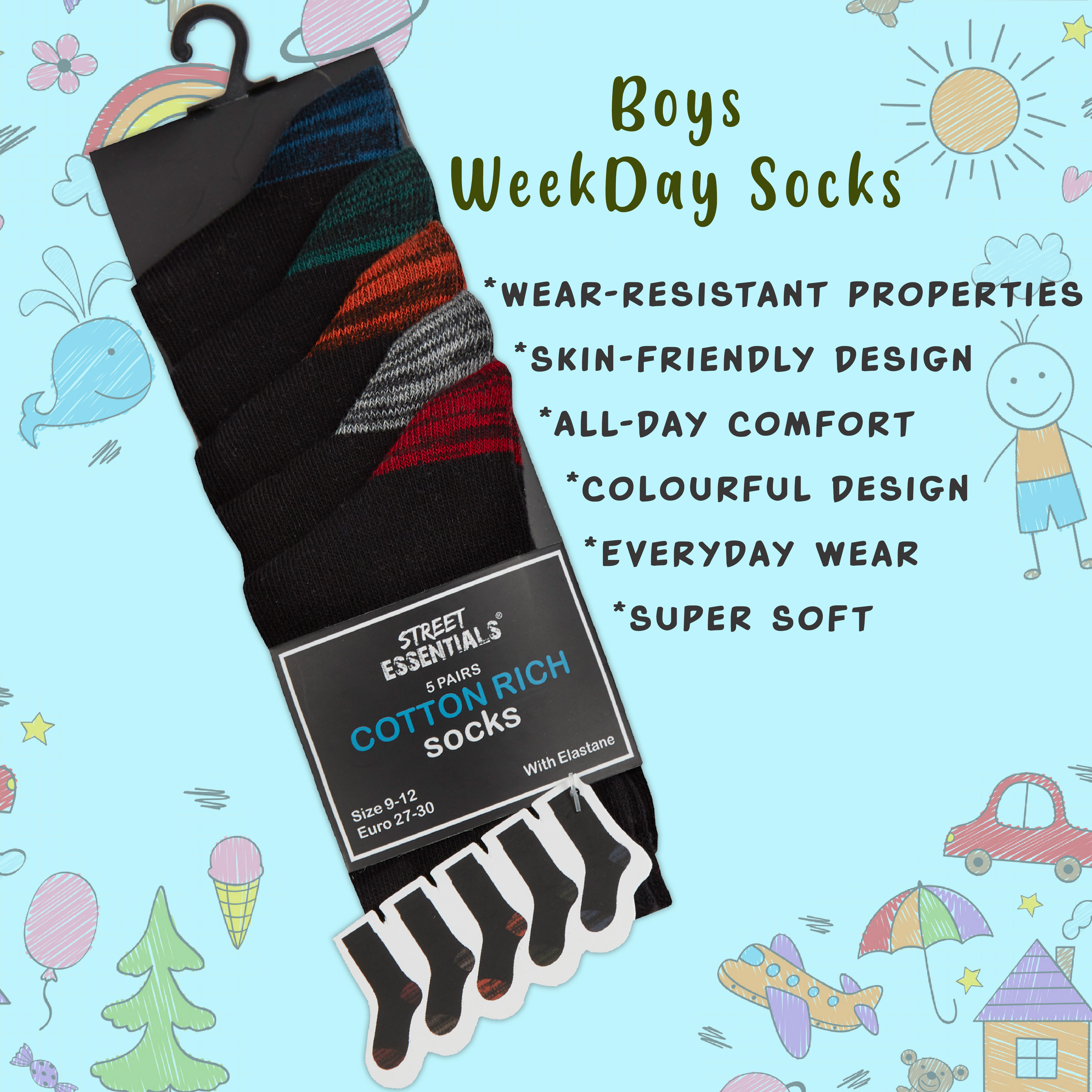 5 Pairs Boys Socks Childrens Everyday Multipack Back to School Cotton Rich Crew - Picture 8 of 10