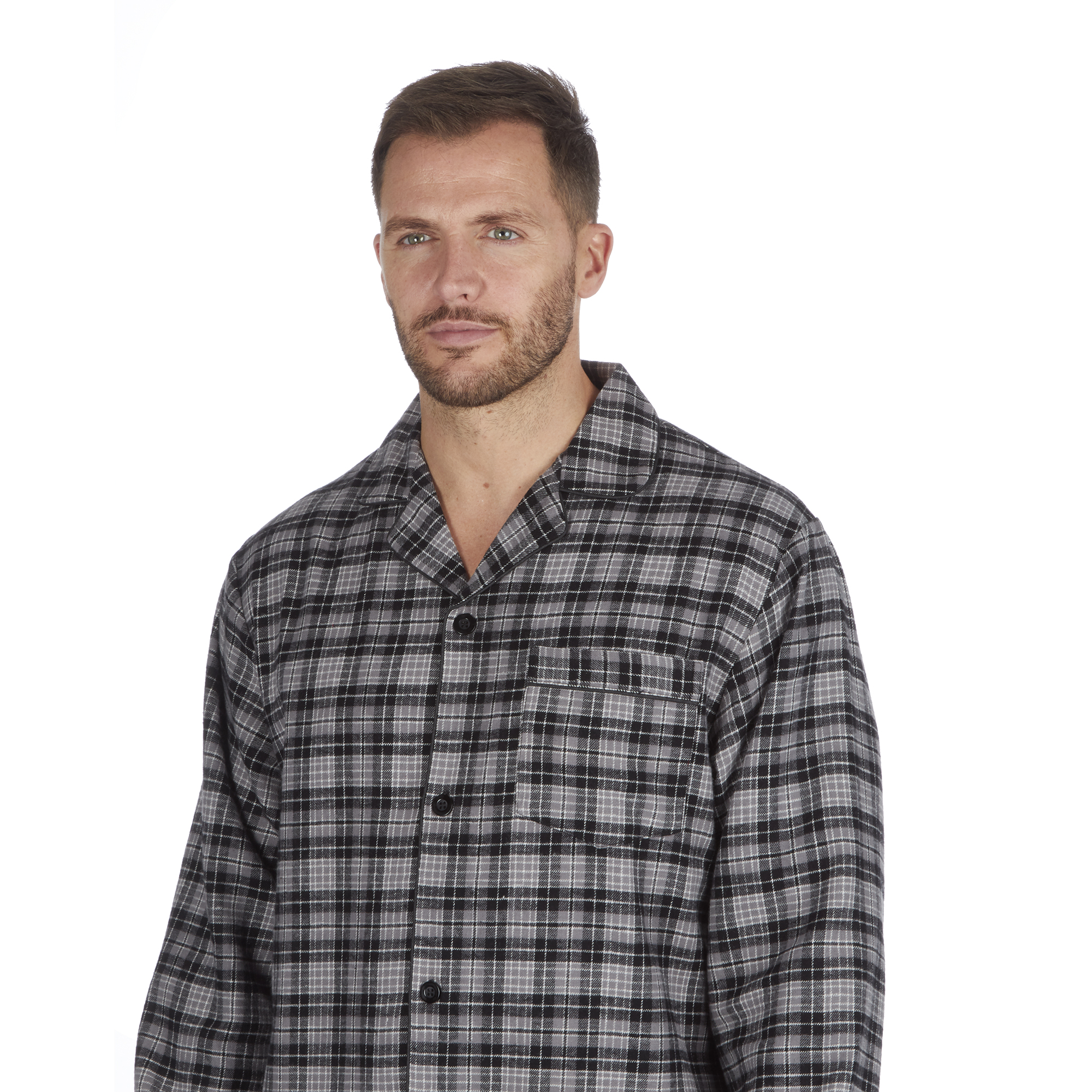 Mens PJ Cotton Yarn Flannel Checked Pajama Set Chest Pocket Long Sleeve