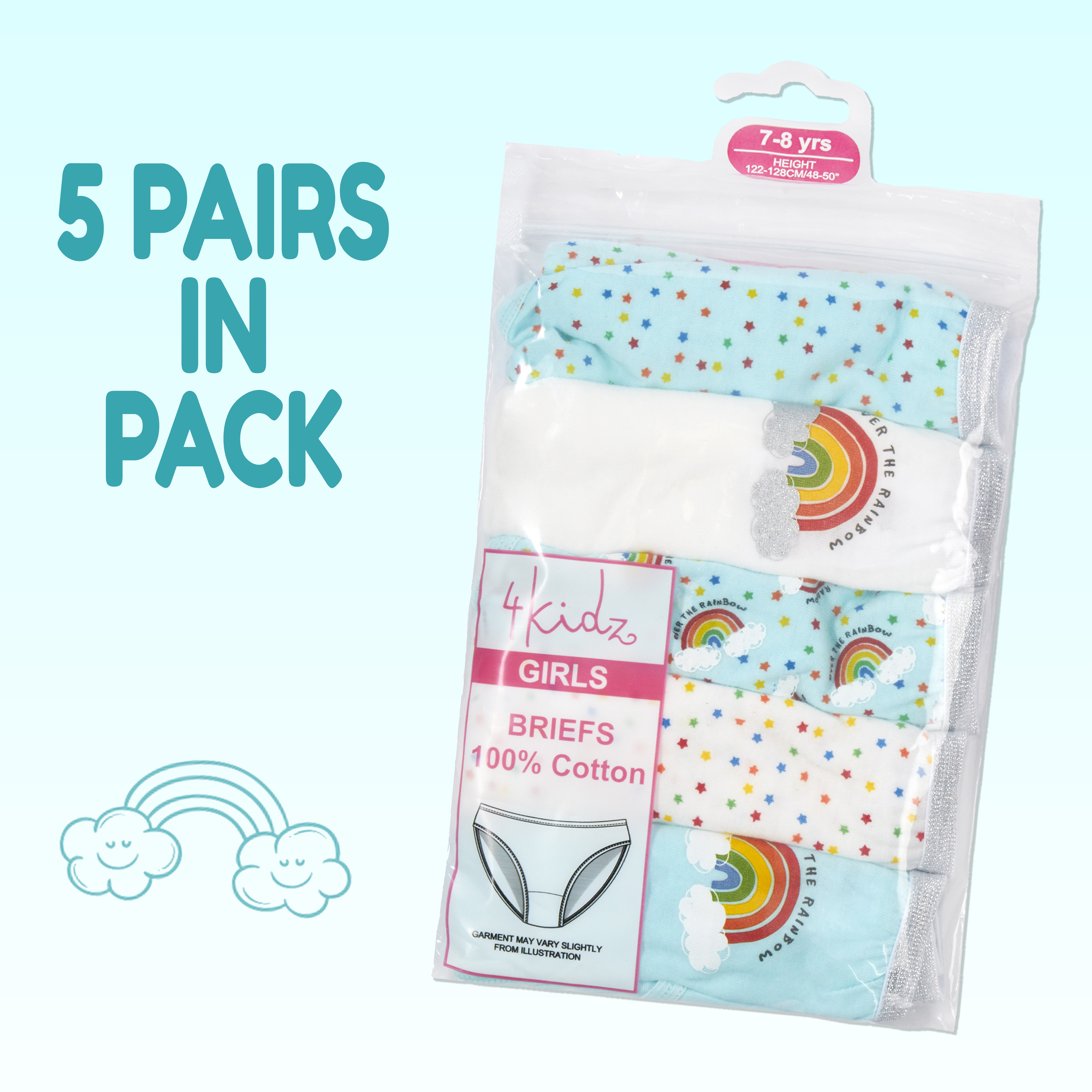 Girls Briefs 5 Pairs Underwear 100% Cotton Pants Rainbow Knickers Underpants Set - Picture 46 of 55