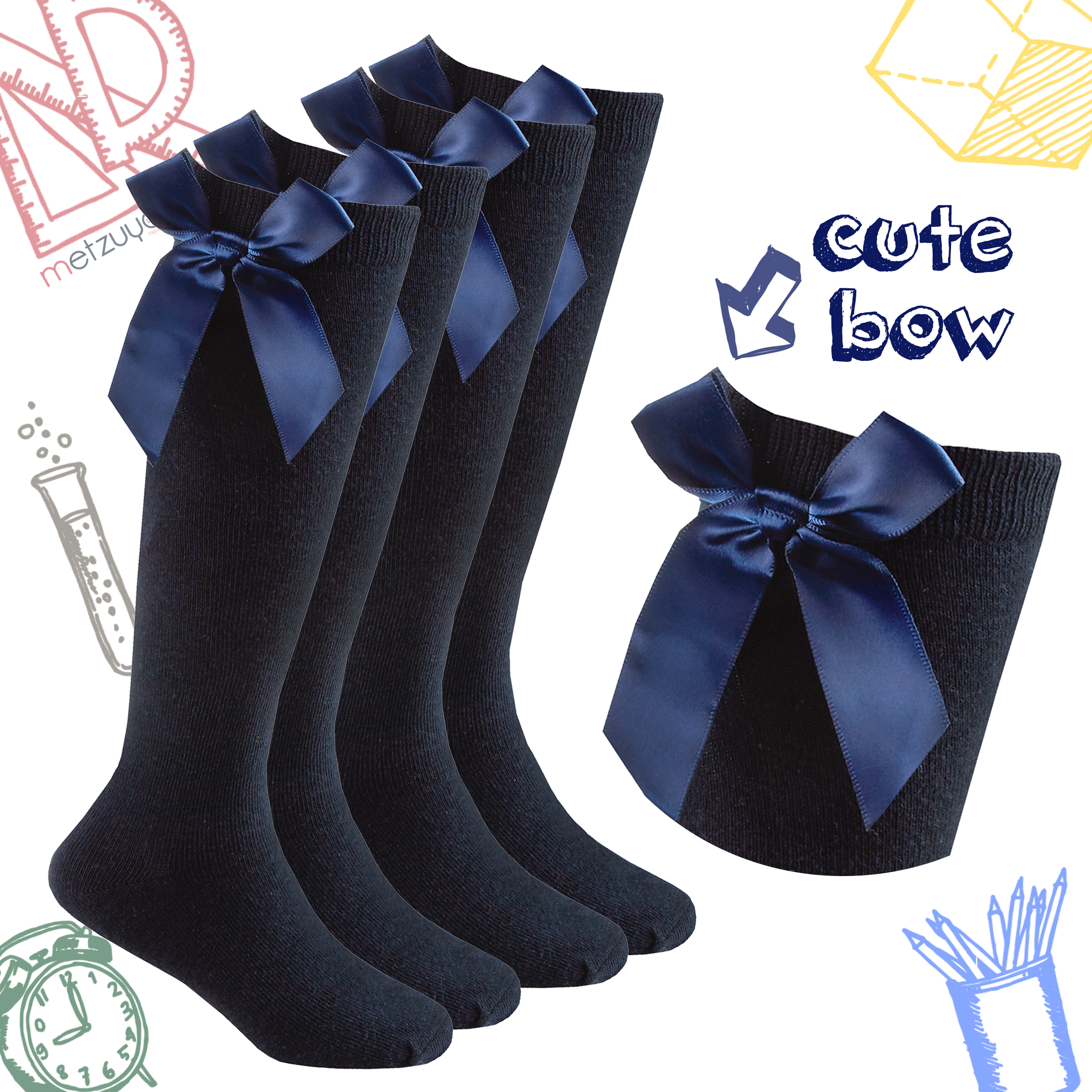 2 Pairs Kids Girls High Knee Socks Bow Back to School 6-8.5 9-12 12.5-3.5 4-5.5 - Picture 11 of 14