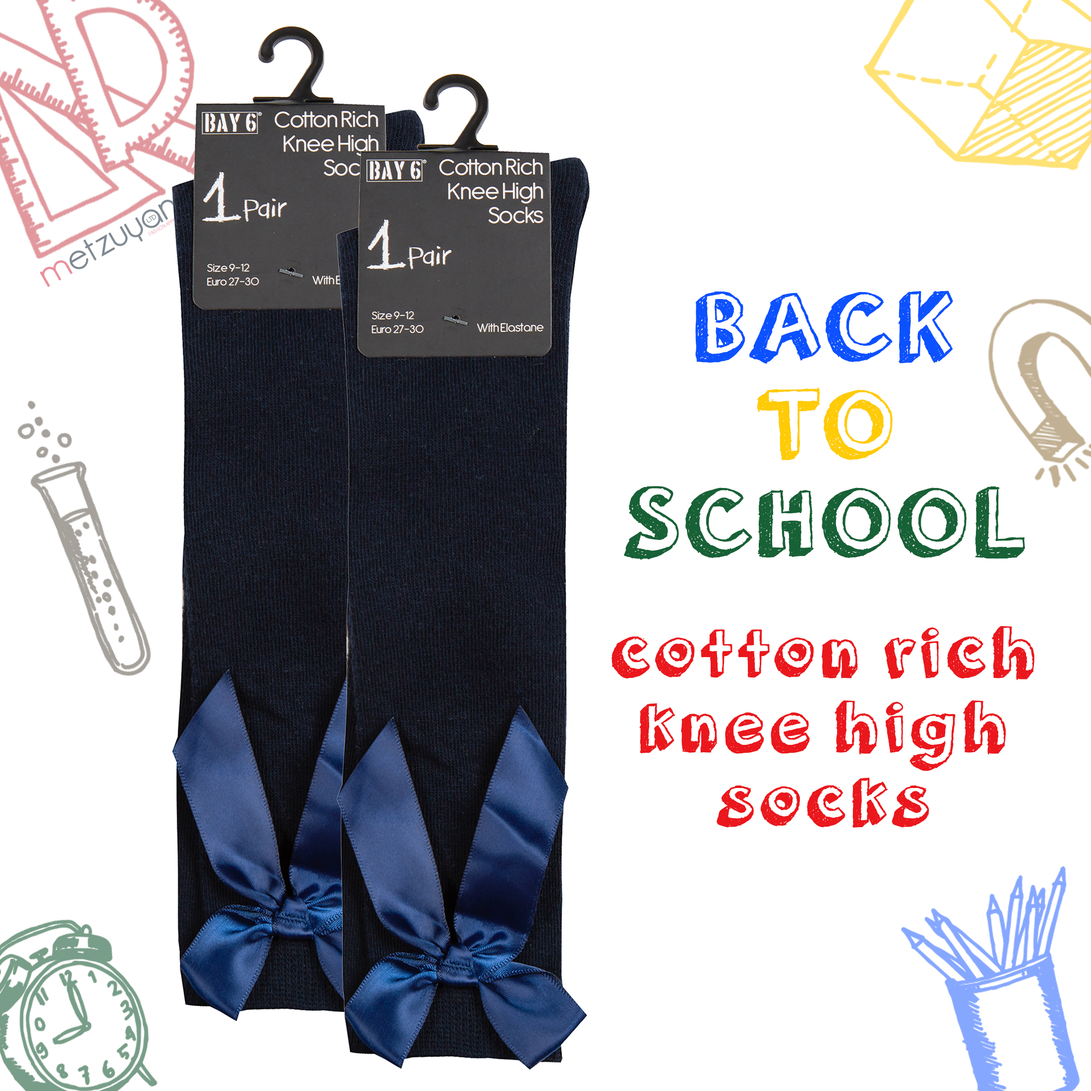 2 Pairs Kids Girls High Knee Socks Bow Back to School 6-8.5 9-12 12.5-3.5 4-5.5 - Picture 10 of 14