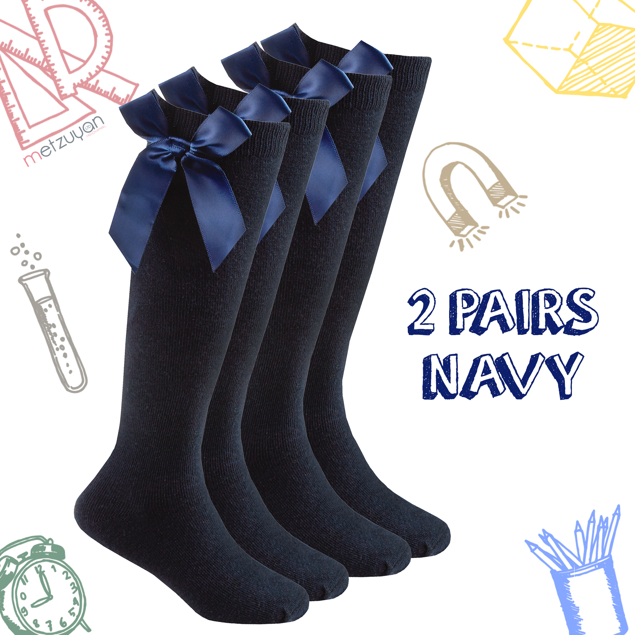 2 Pairs Kids Girls High Knee Socks Bow Back to School 6-8.5 9-12 12.5-3.5 4-5.5 - Picture 9 of 14