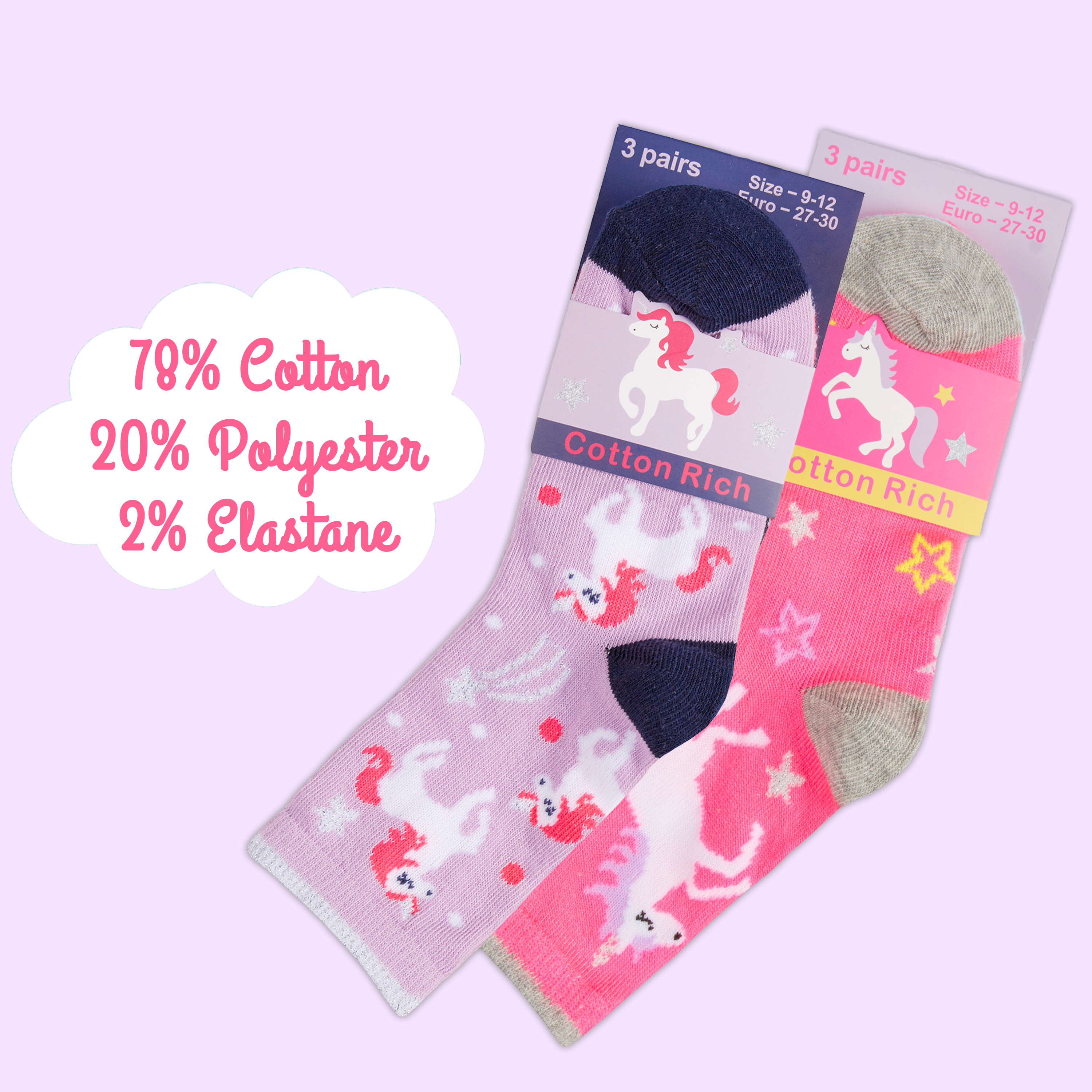 Girls Unicorn Socks Cotton Rich Cartoon Novelty Design Socks Multicolour 3 Pairs 