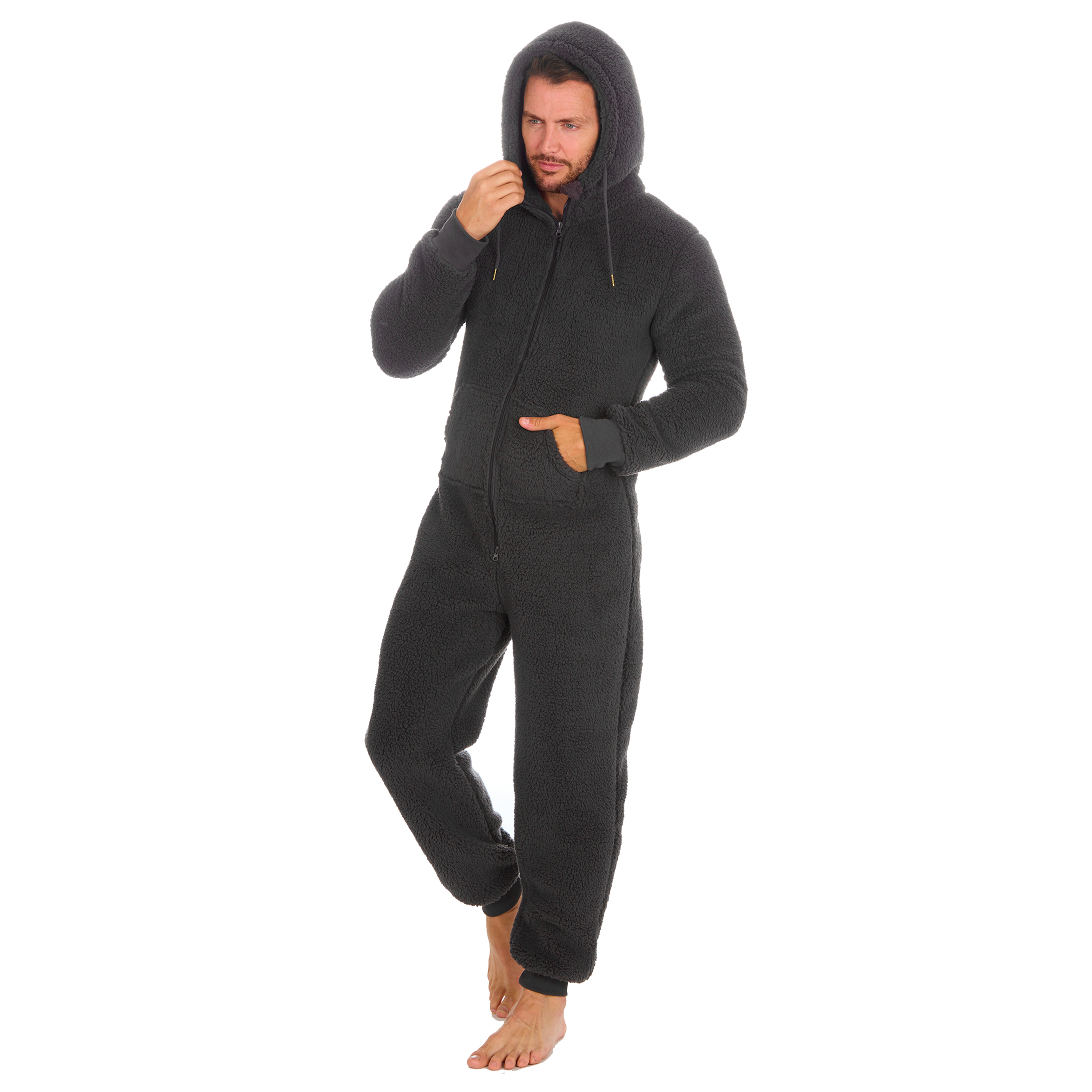 Mens Borg Sherpa Snuggle Hooded Onezee Fluffy Warm Chunky Cosy One Piece Pyjama