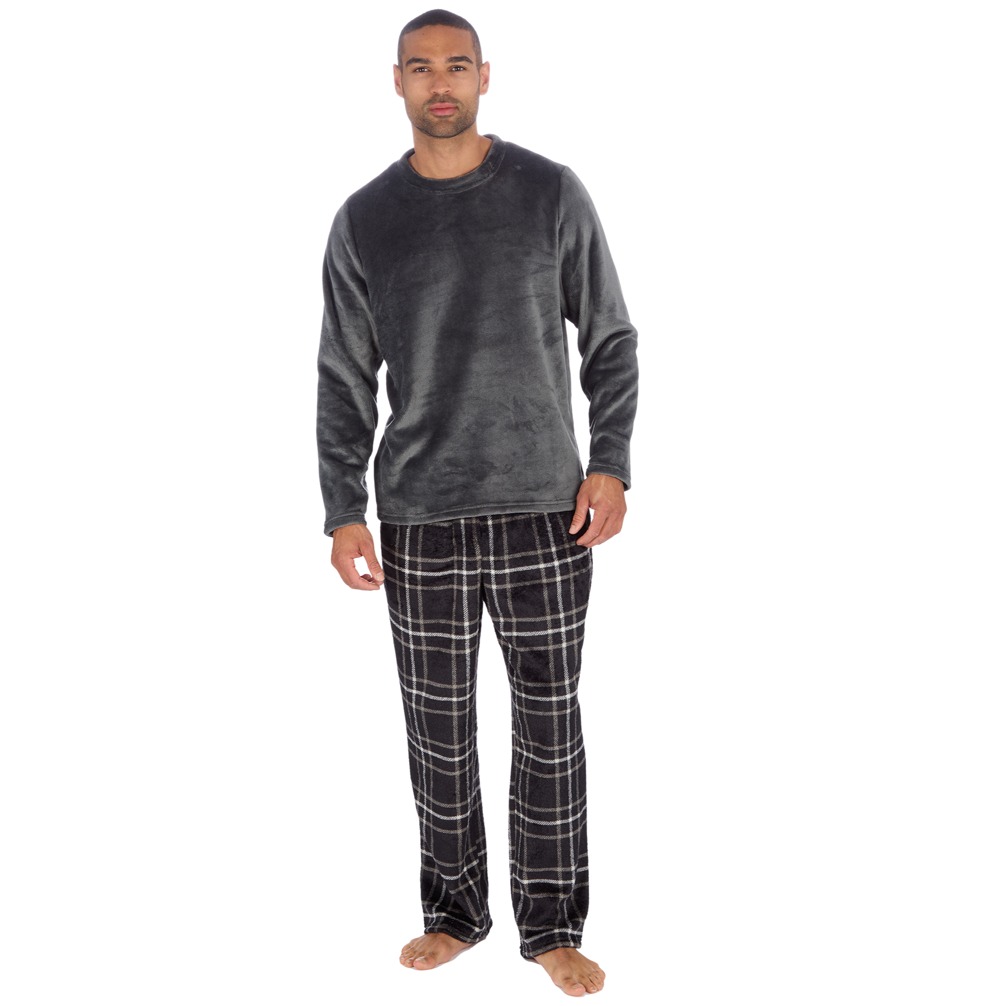 Mens Fleece Lounge Set Checked Pyjama Set Long PJ's Loungewear Housewear  S-XXL