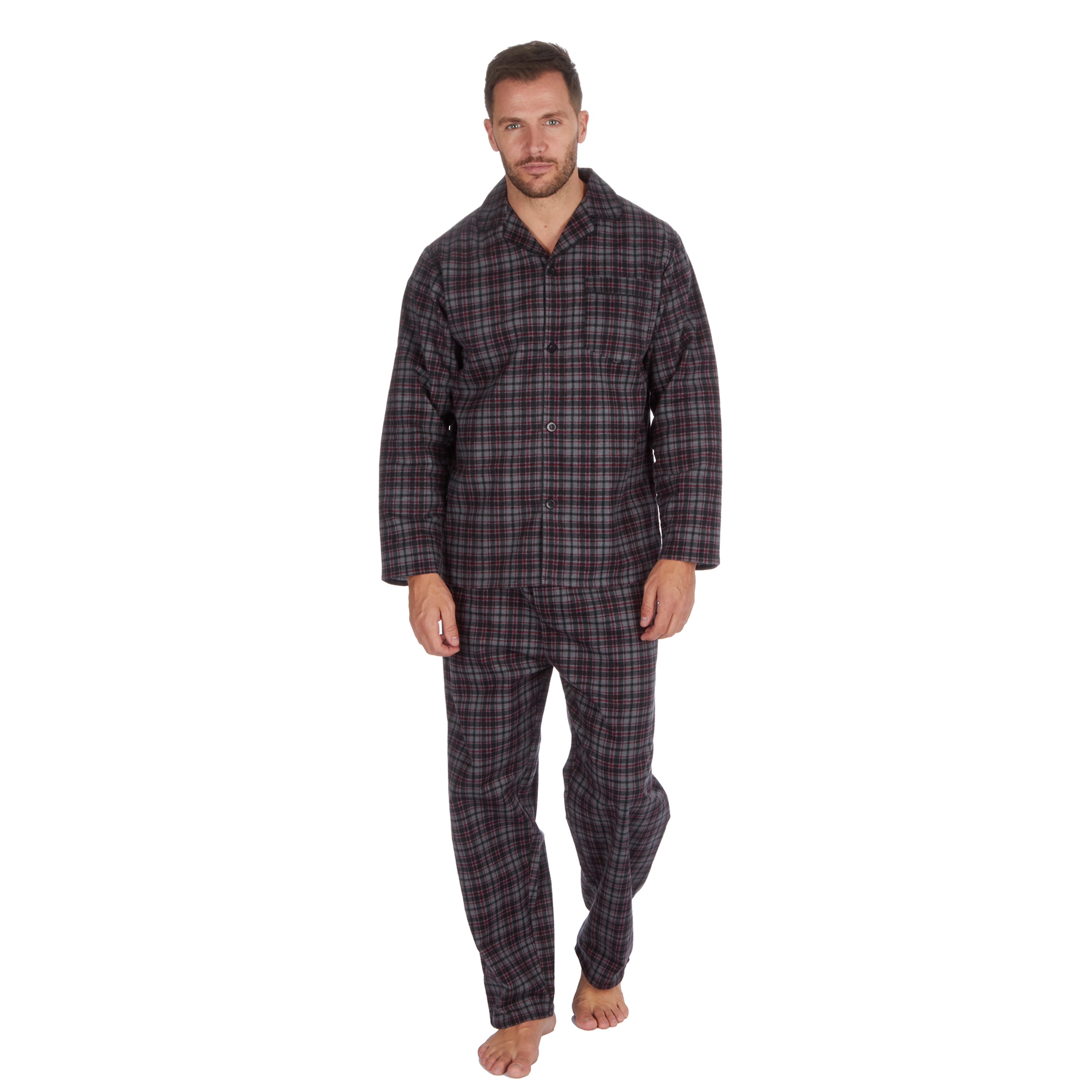 Black Grey Tartan Mens Cotton Flannel/brush Cotton Pjs Pyjama Set