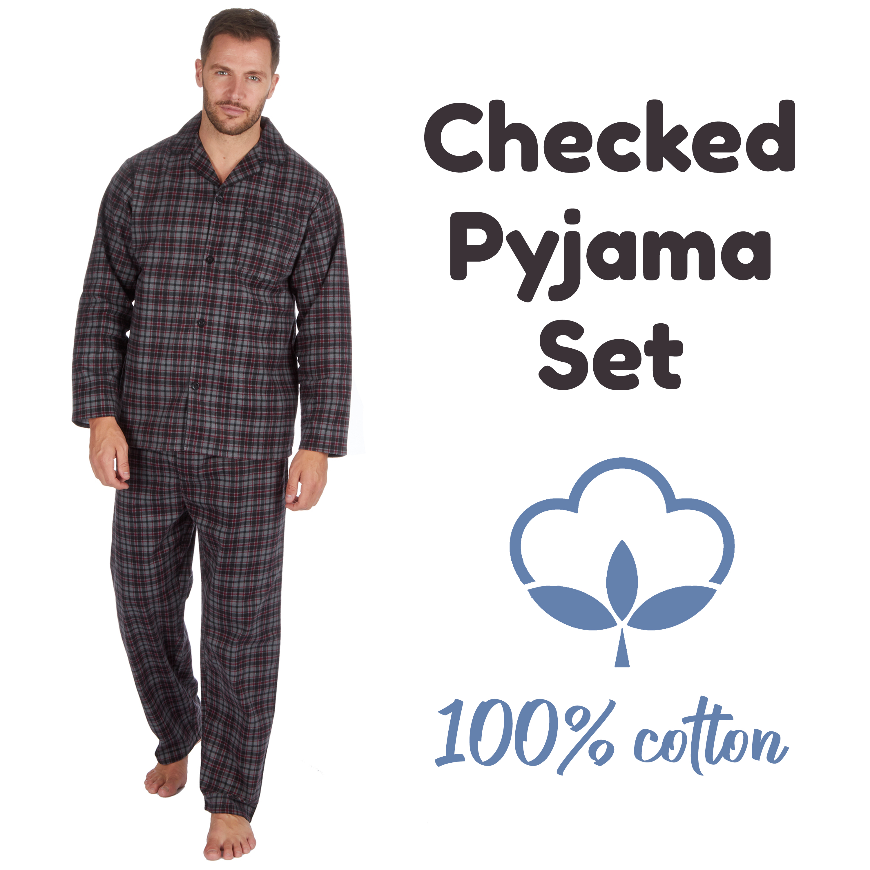 Mens Pyjama Pajama PJ Set for Him Flannel 100% Brushed Cotton Classic ...