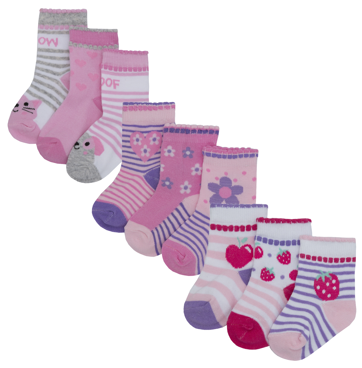 Baby Girls 9 Pairs Socks Novelty Assorted Designs Patterned Hosiery Cotton Rich