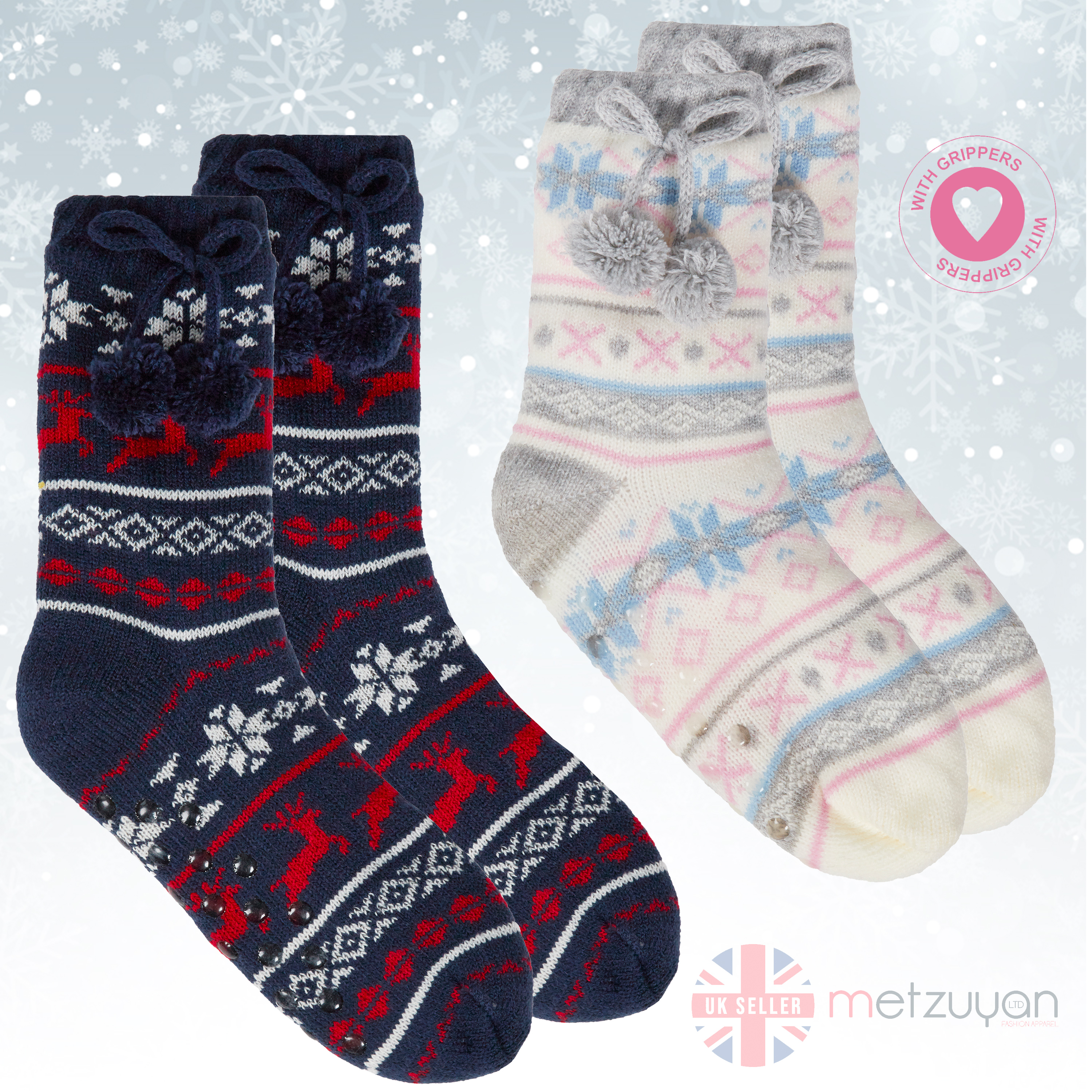 2 PAIRS LADIES NON SLIP CHUNKY KNIT SLIPPER NOVELTY GRIPPER LOUNGE SOCKS UK 4-6