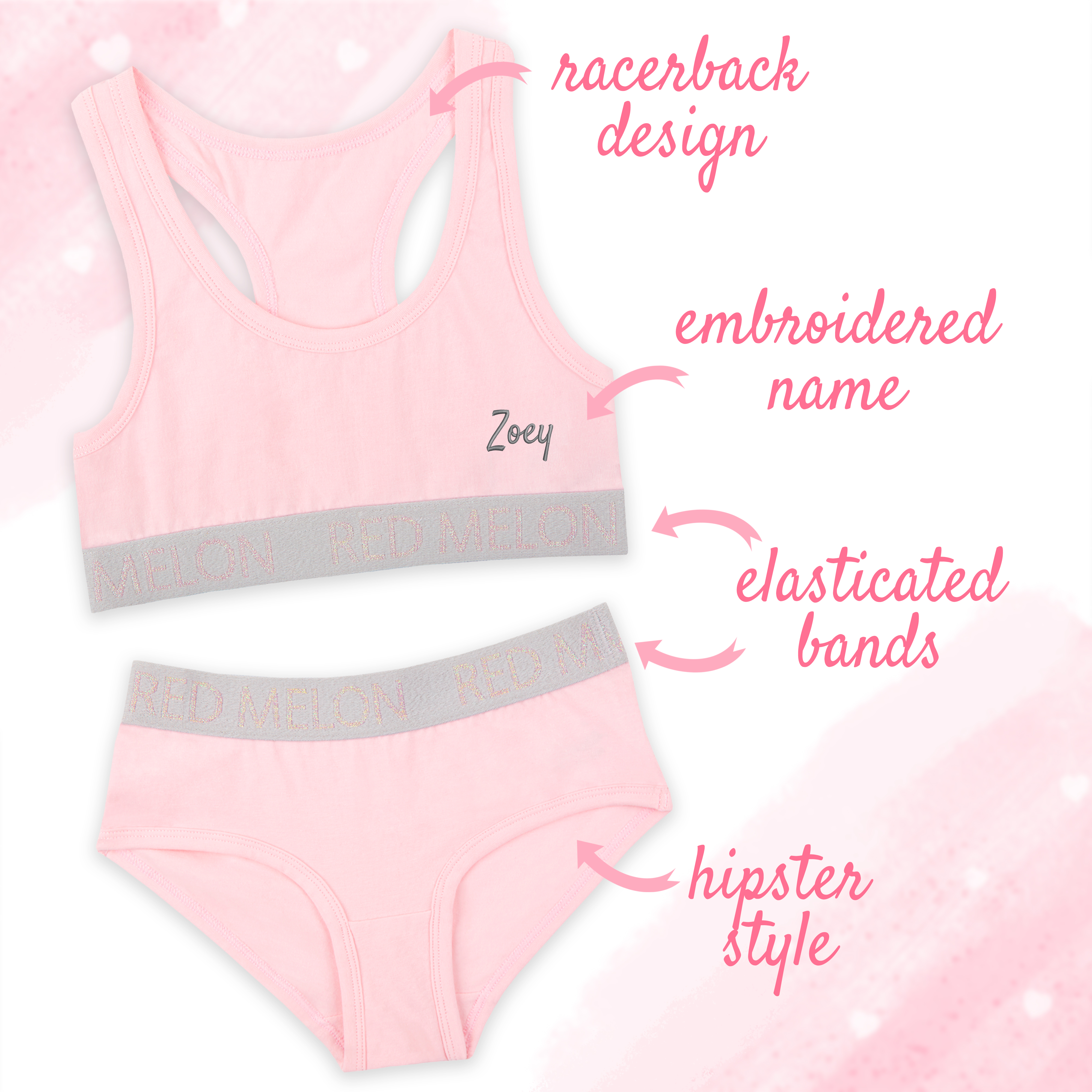 Personalised Girls Underwear Set Top Bra Bralette Knickers Briefs Age 7-13  Years