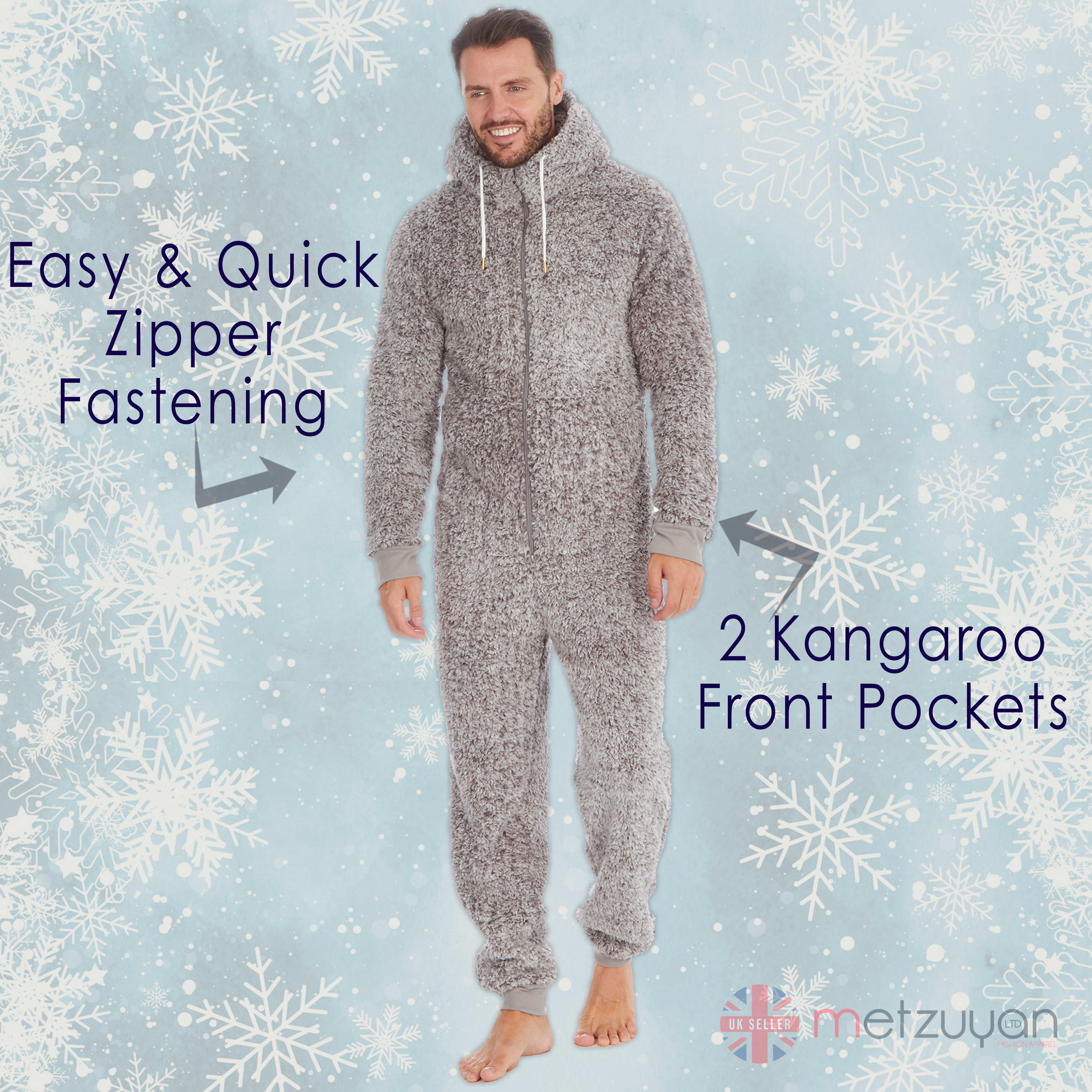 Mens Frosted Sherpa Snuggle Fleece Hooded Jumpsuit Zip Up One Piece