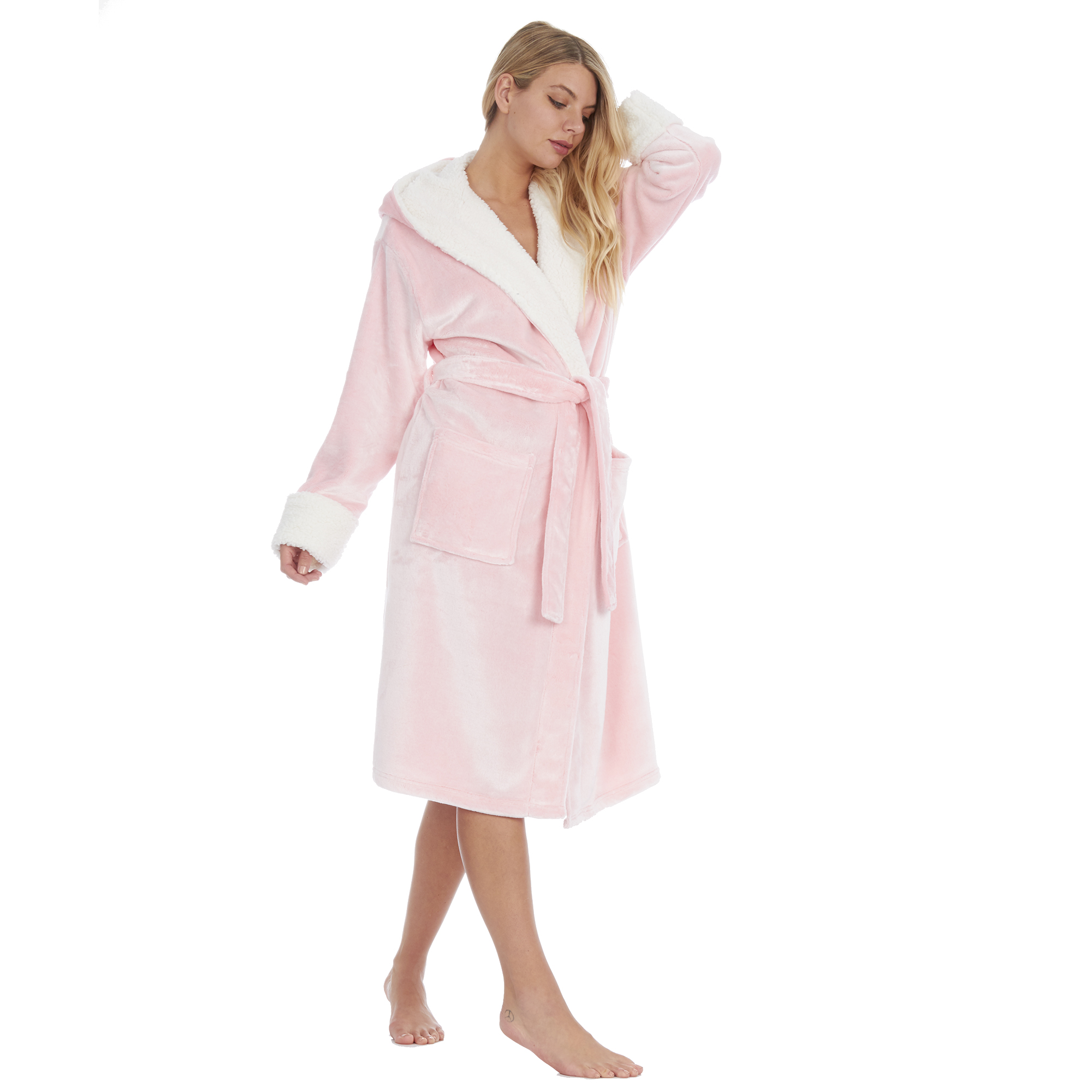 Ladies Womens Dressing Gown Bath Robe Sherpa Fleece Pockets Tie Belt