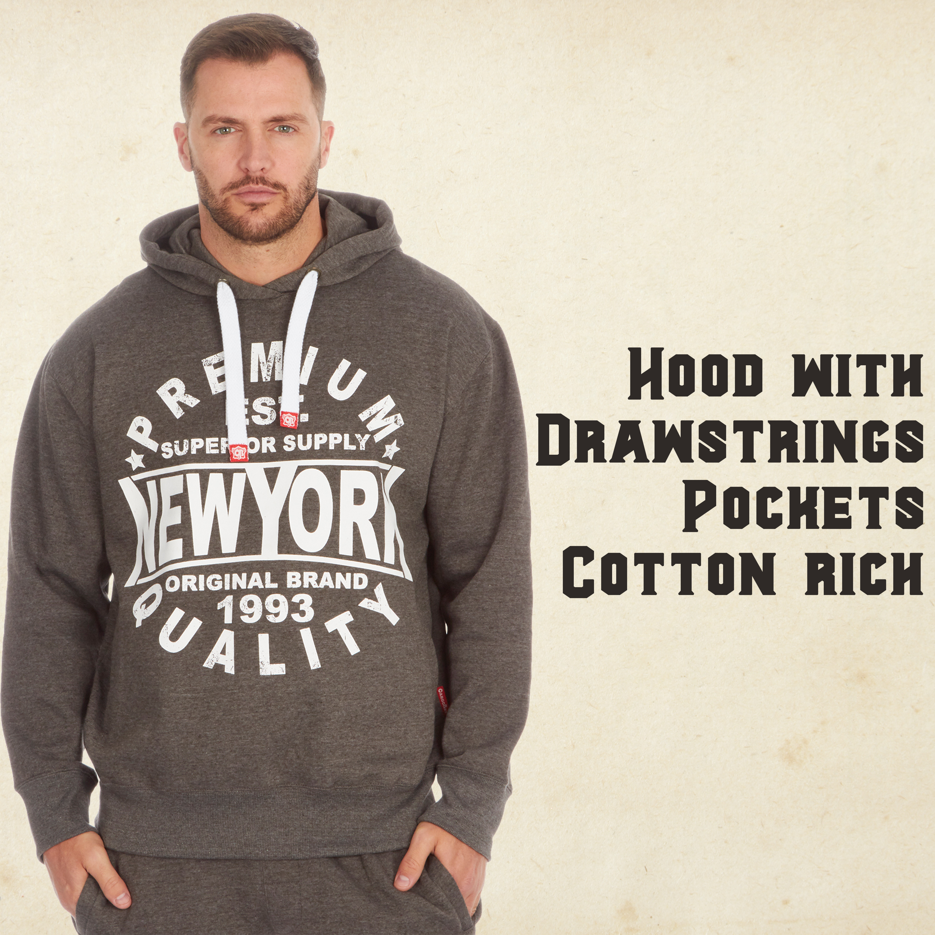 Mens Over The Head Pullover Hood Hoodie American Design Themed New York Pockets