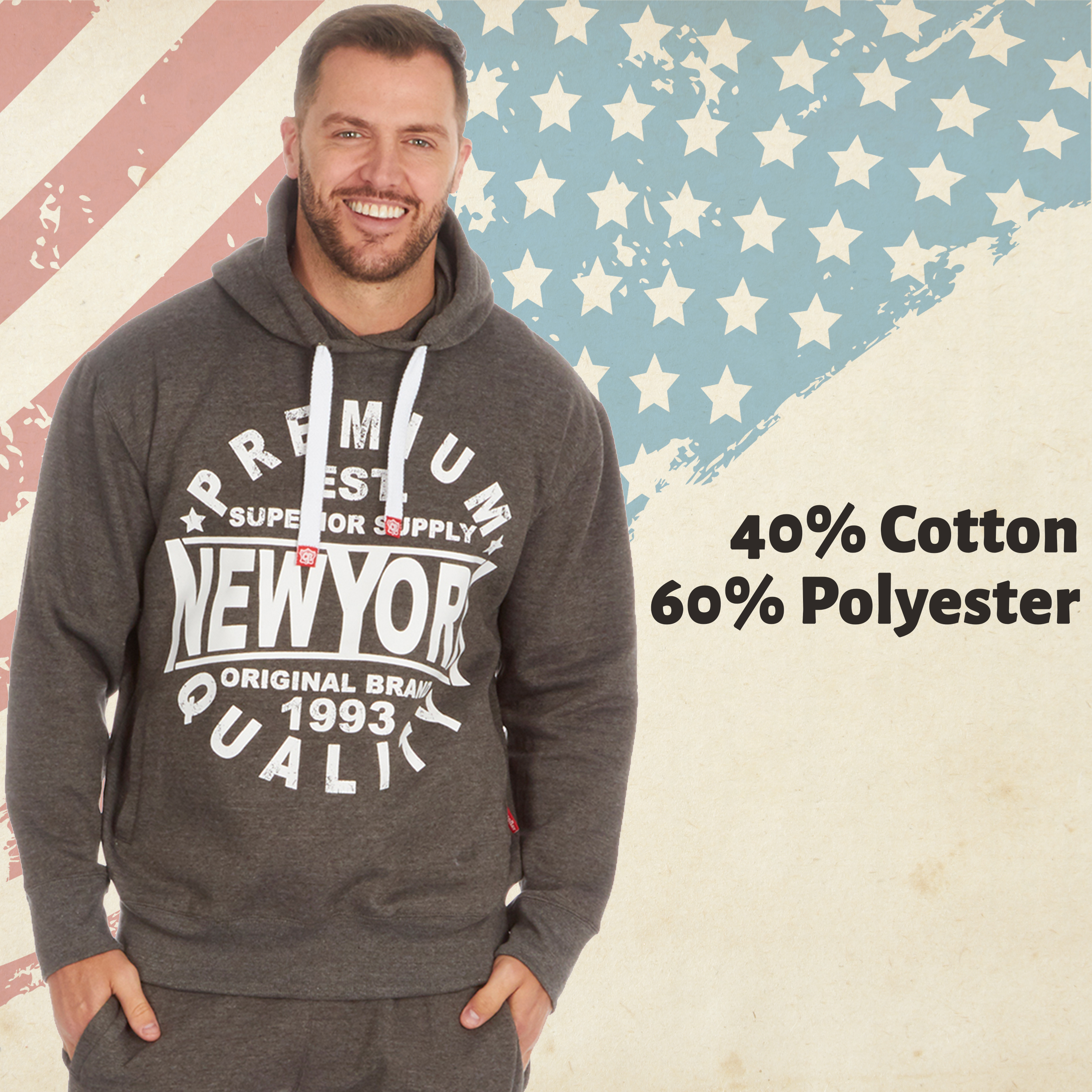 Mens Over The Head Pullover Hood Hoodie American Design Themed New York Pockets