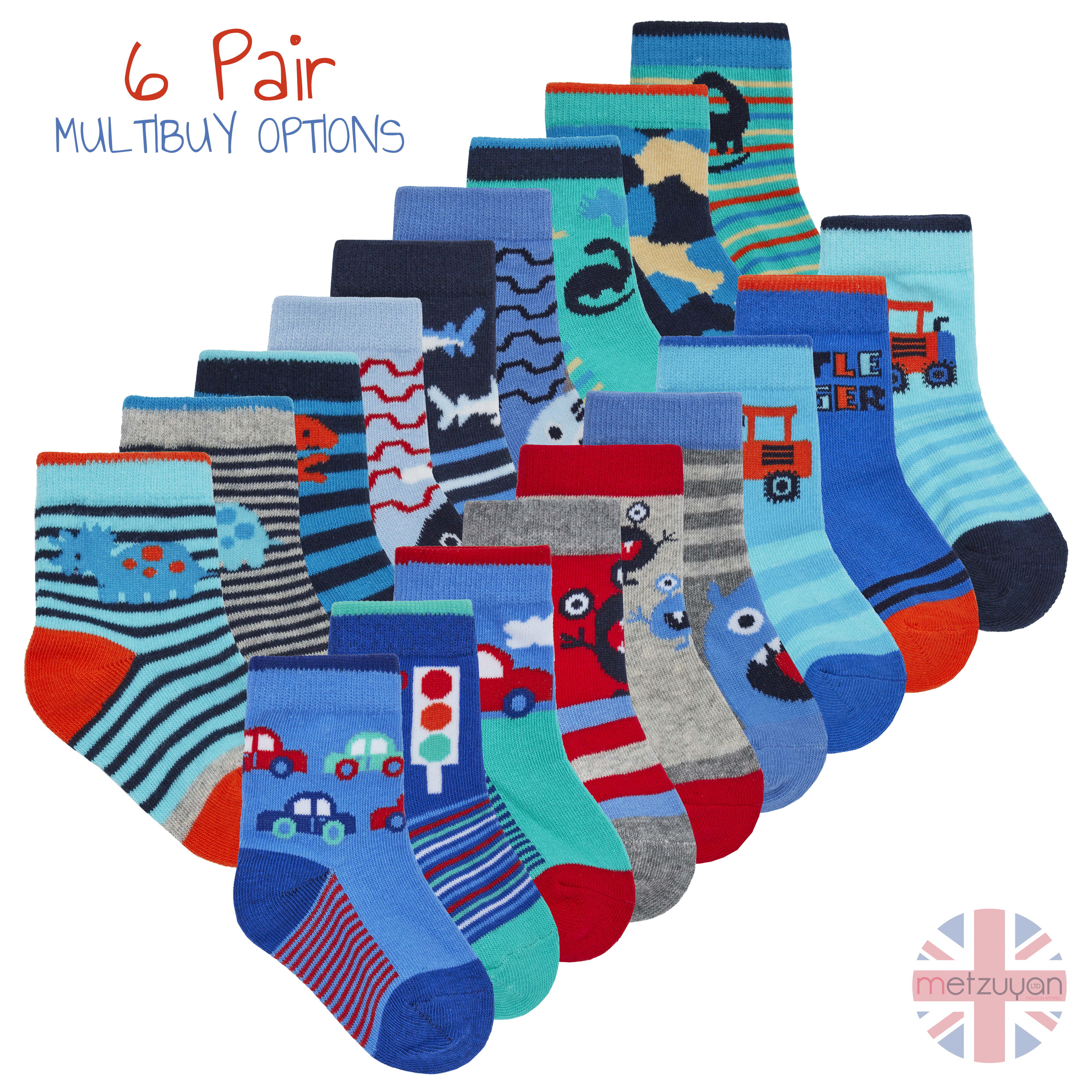 Metzuyan Baby Boys Novelty Print Ankle Cotton Rich 9 Pairs Multibuy Socks