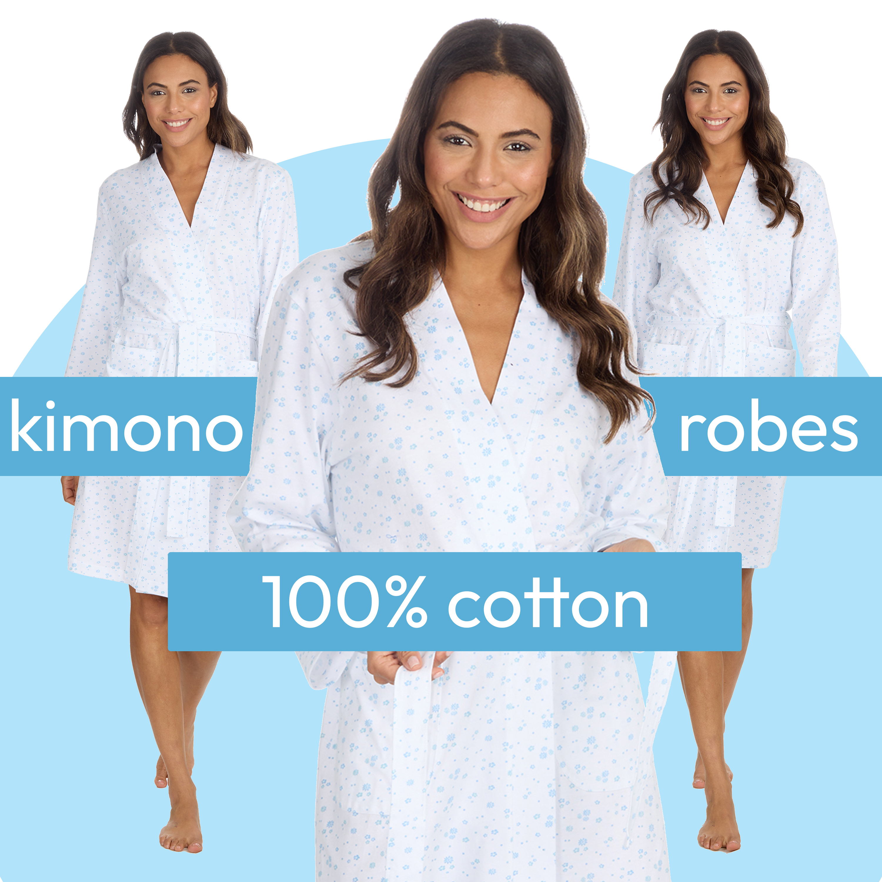 Womens Summer Kimono Robe 100% Cotton Dressing Gown Knee Length Bathrobe UK S-XL
