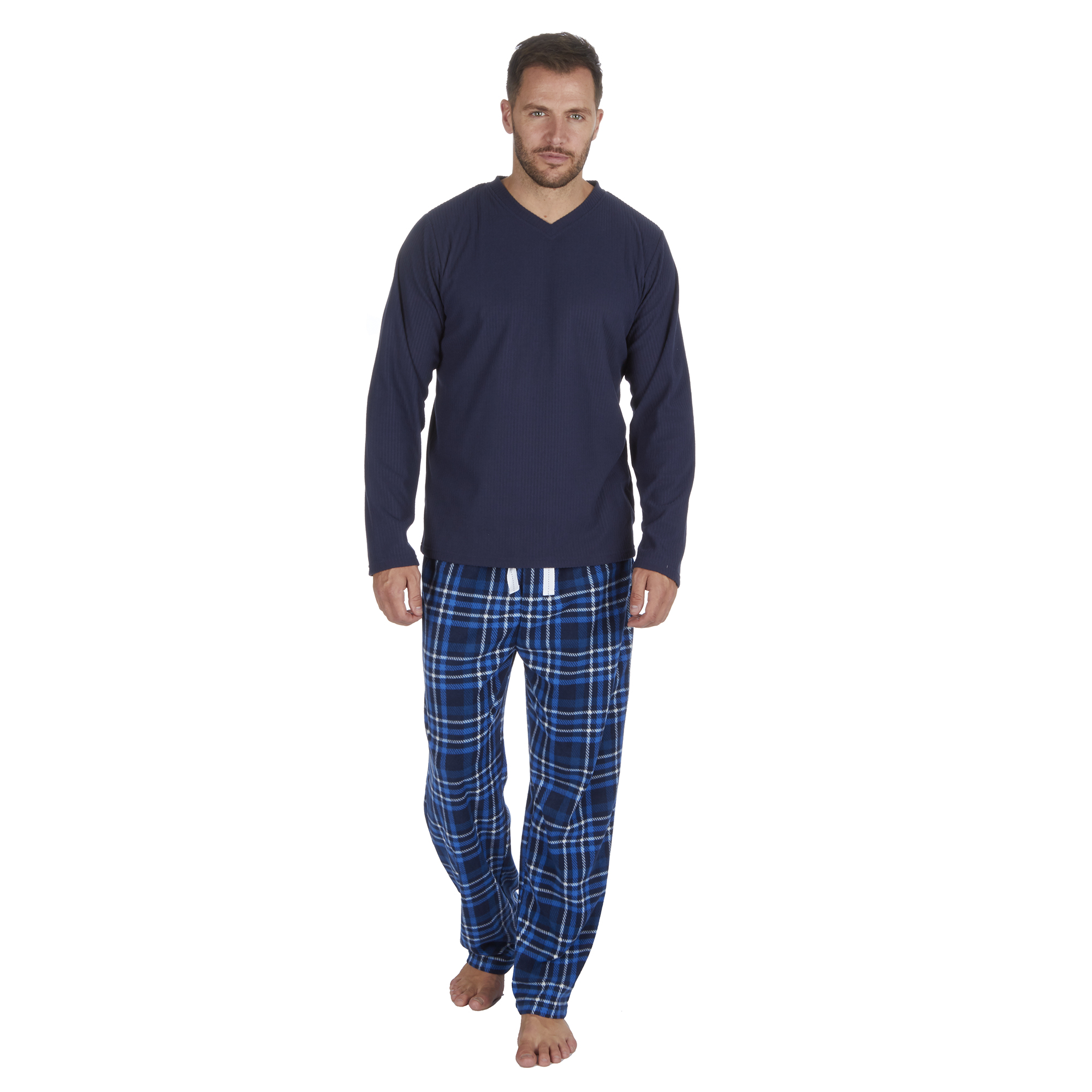 Mens Warm Soft Microfleece Checked Pyjamas Pajamas PJ Set Long Sleeve S ...