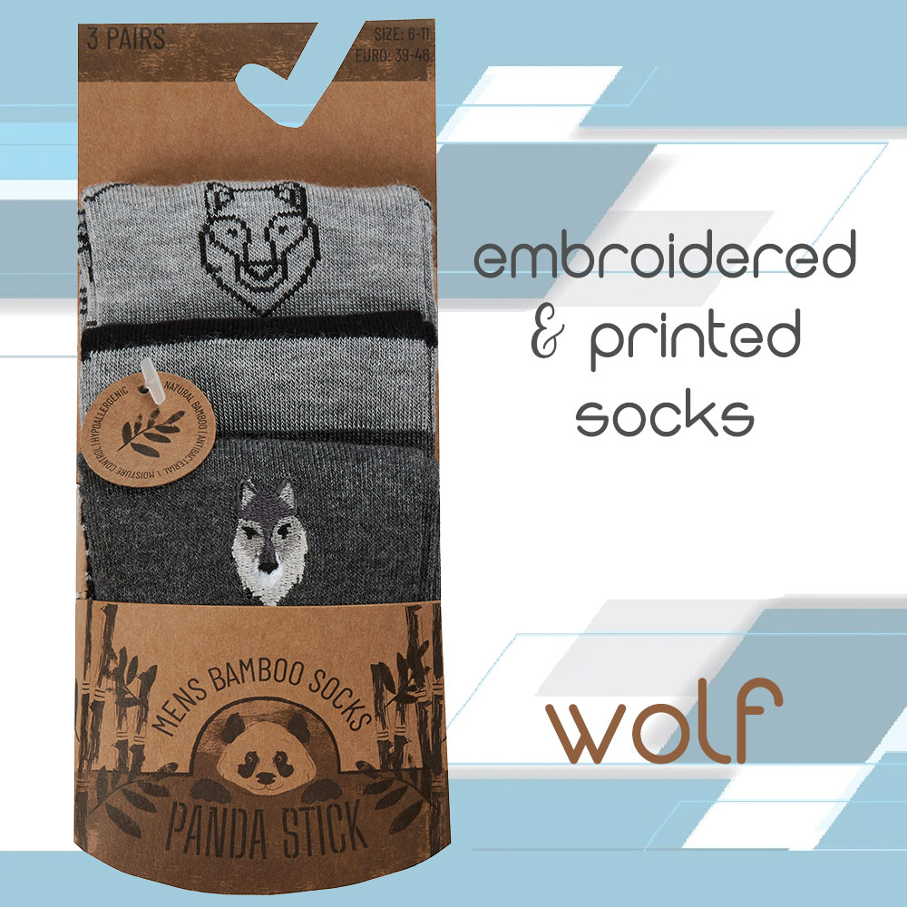 Mens Soft Bamboo Mid Calf Socks Stripped Embroidered Printed Wolf Deer UK 6-11