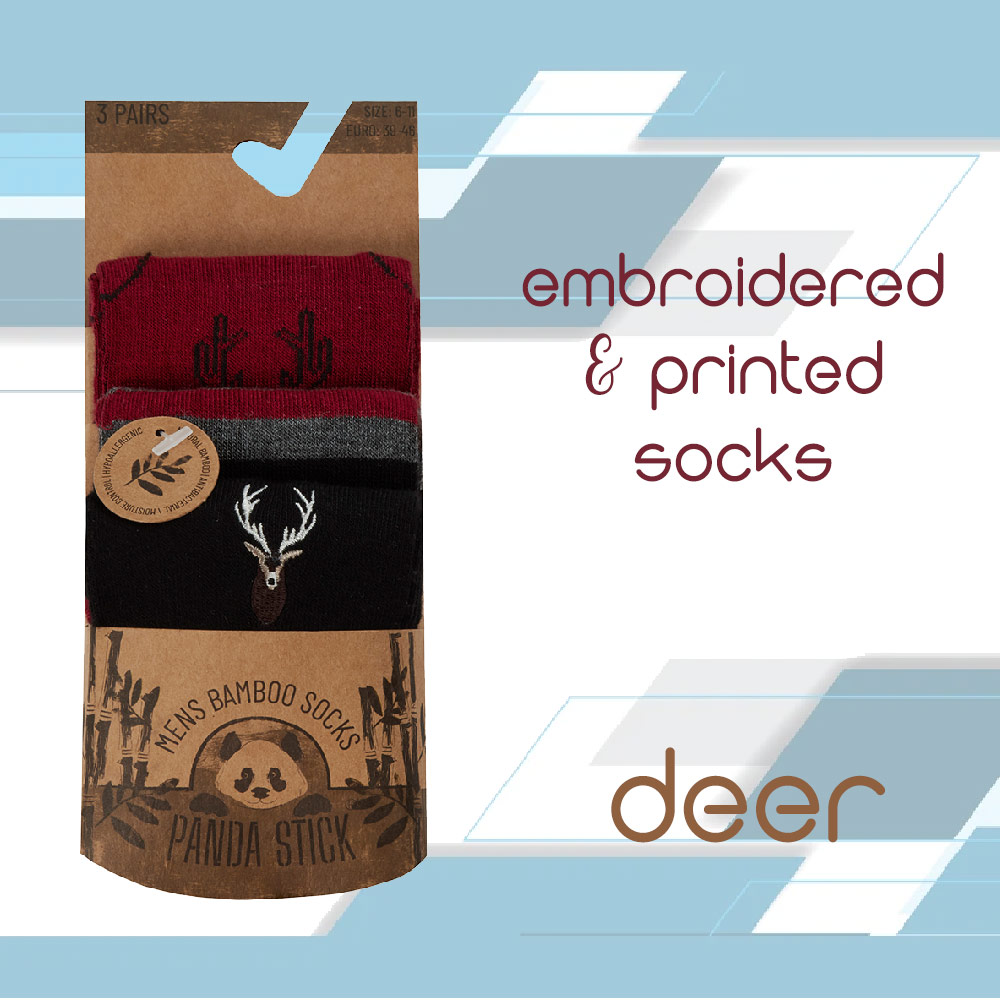 Mens Soft Bamboo Mid Calf Socks Stripped Embroidered Printed Wolf Deer UK 6-11