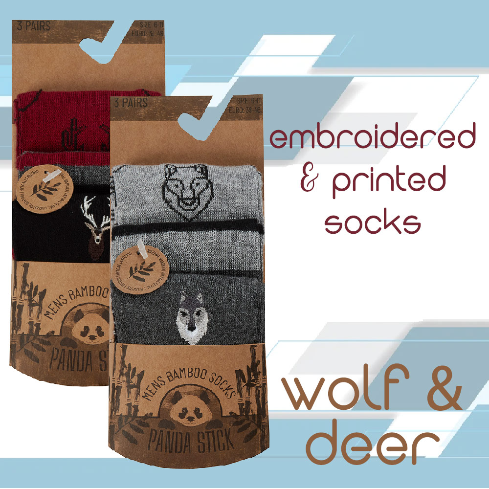 Mens Soft Bamboo Mid Calf Socks Stripped Embroidered Printed Wolf Deer UK 6-11