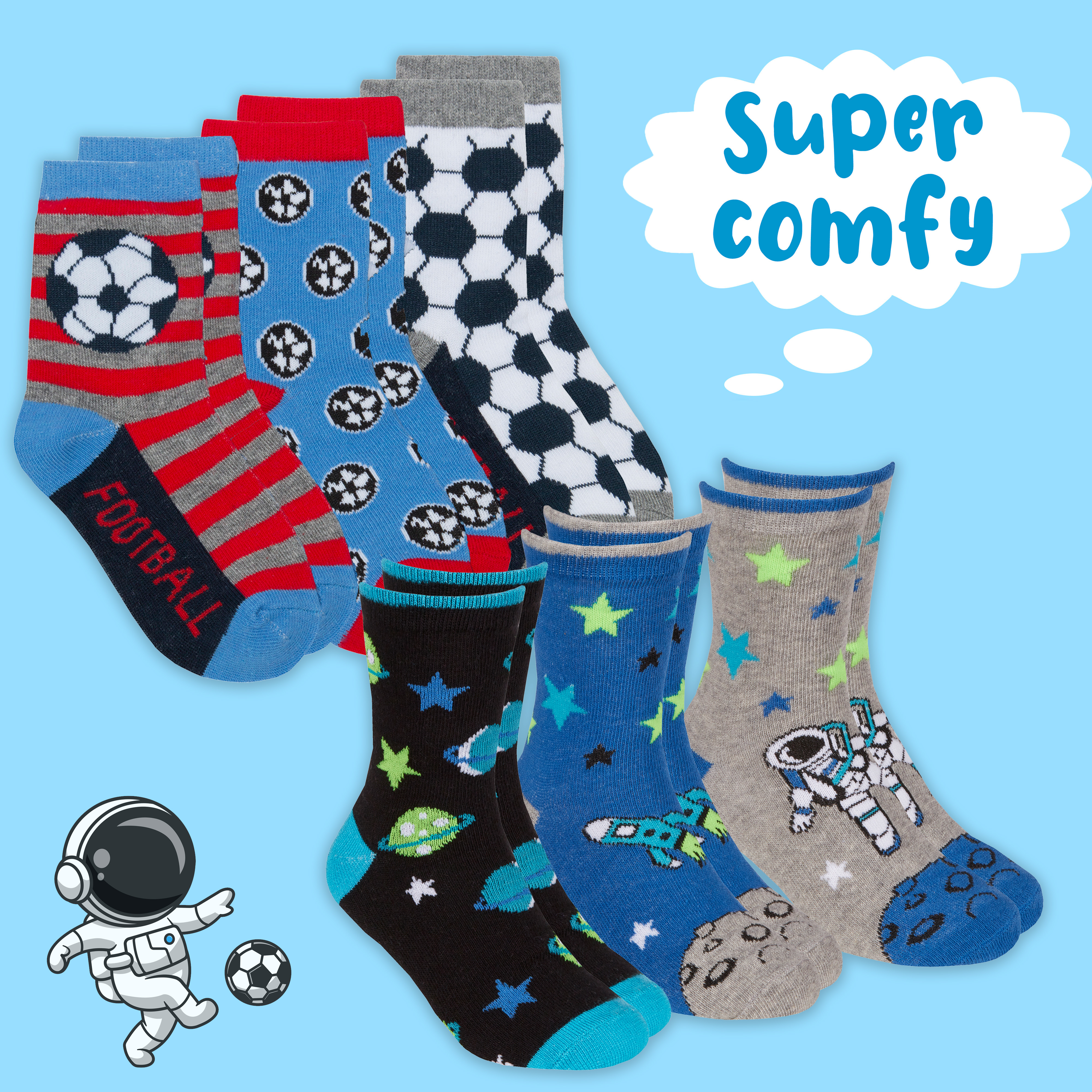 Kids Boys 6 Pairs Crew Socks Cotton Rich Novelty Cartoon Print Mid Calf Sock Set - Picture 21 of 43