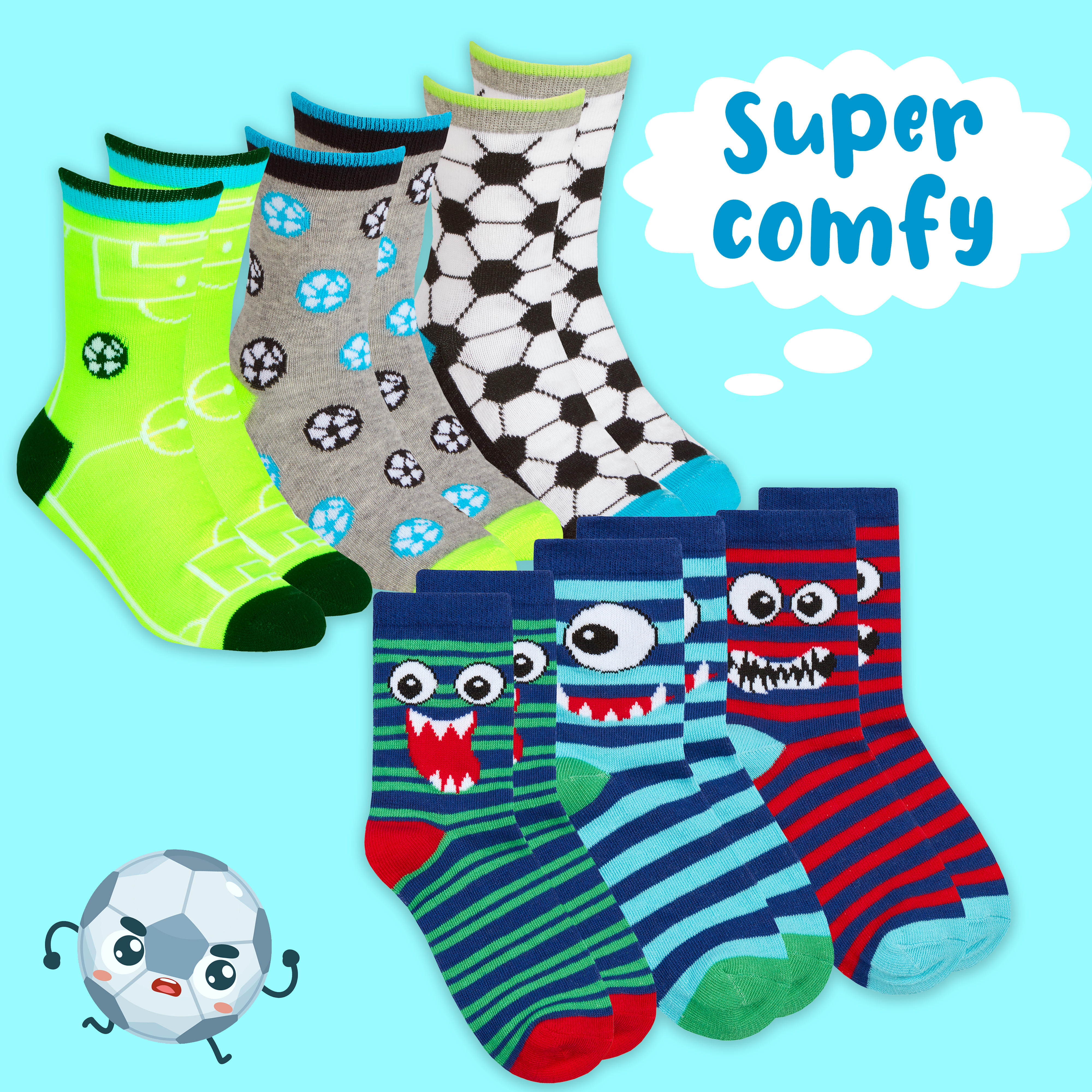Kids Boys 6 Pairs Crew Socks Cotton Rich Novelty Cartoon Print Mid Calf Sock Set - Picture 9 of 43
