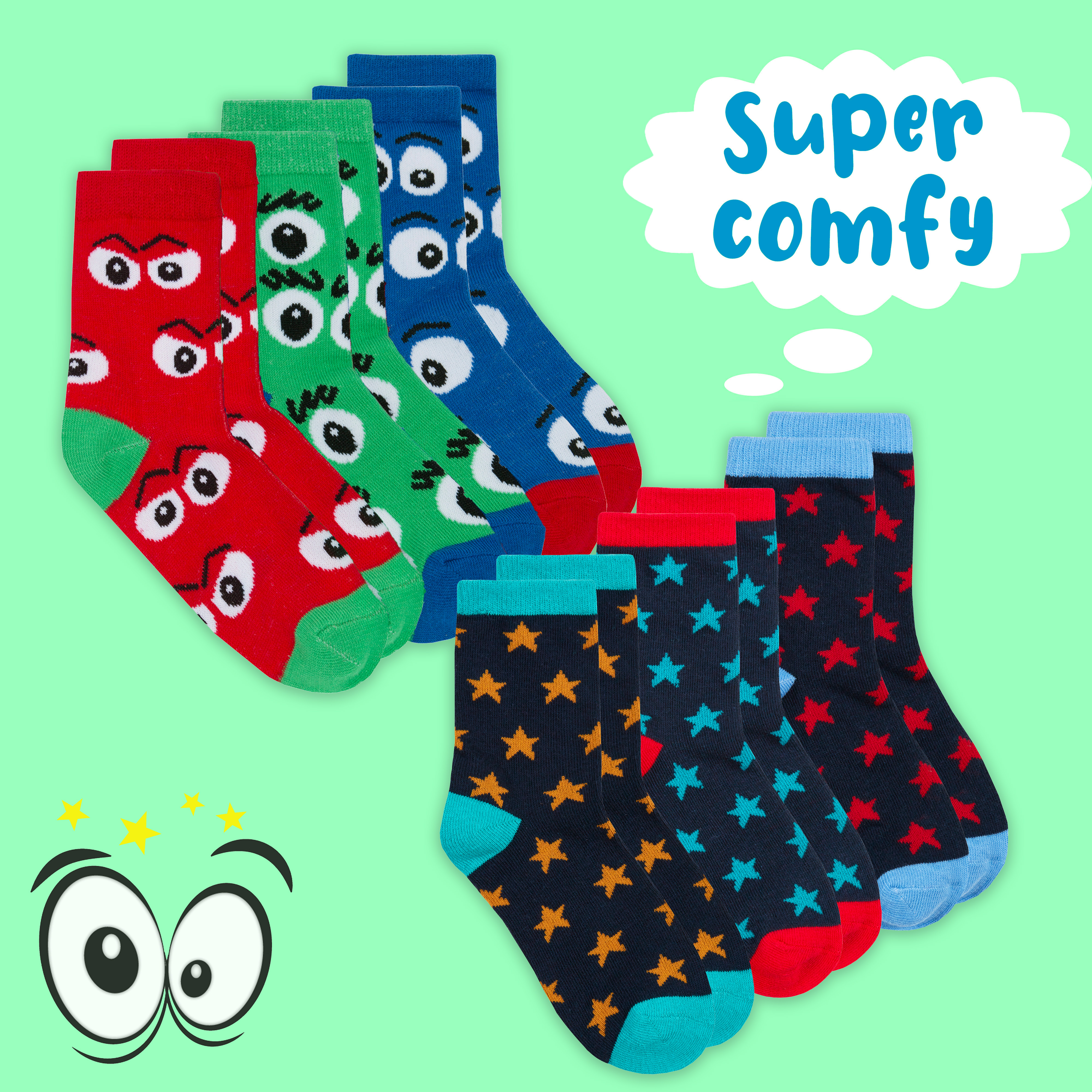Kids Boys 6 Pairs Crew Socks Cotton Rich Novelty Cartoon Print Mid Calf Sock Set - Picture 30 of 43