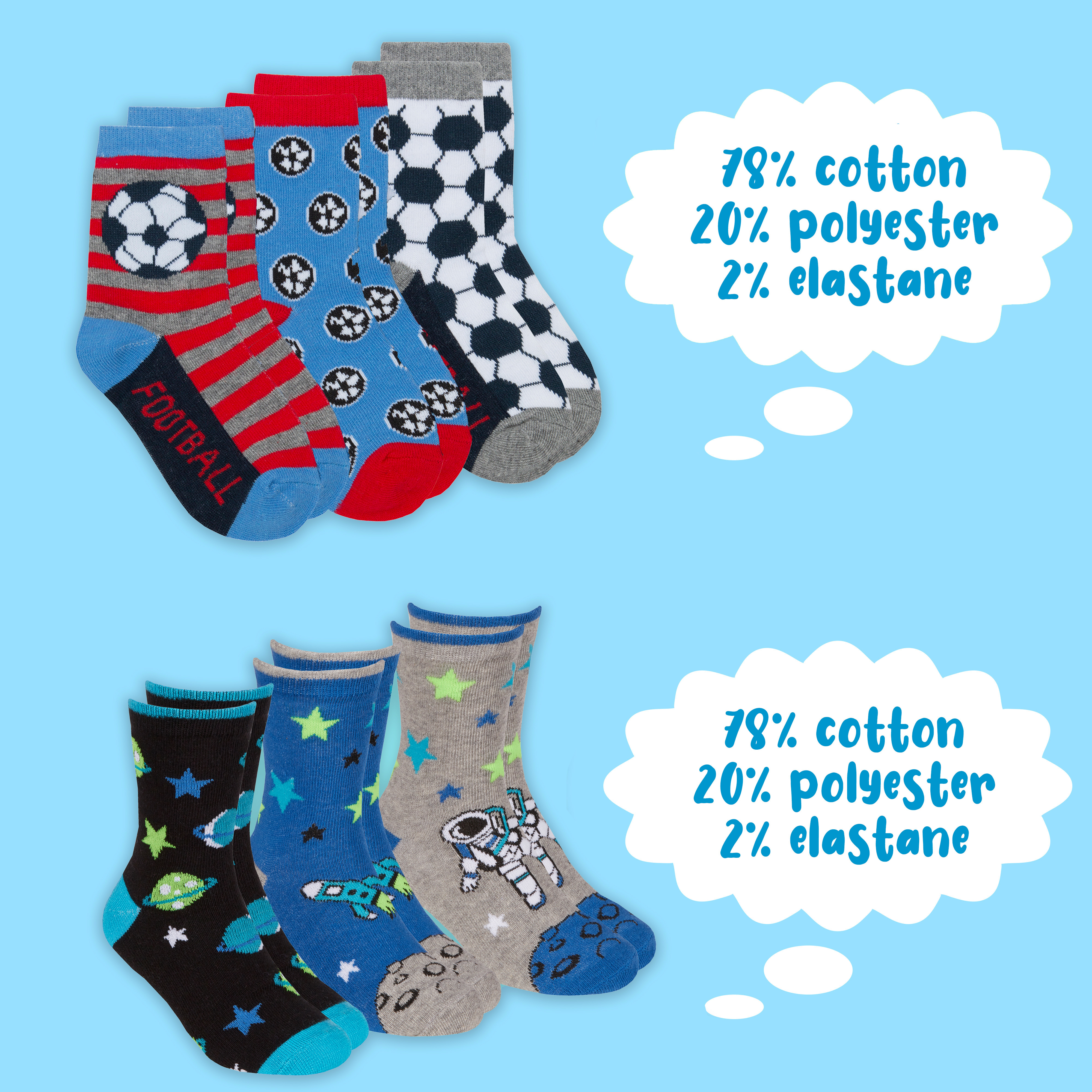 Kids Boys 6 Pairs Crew Socks Cotton Rich Novelty Cartoon Print Mid Calf Sock Set - Picture 20 of 43
