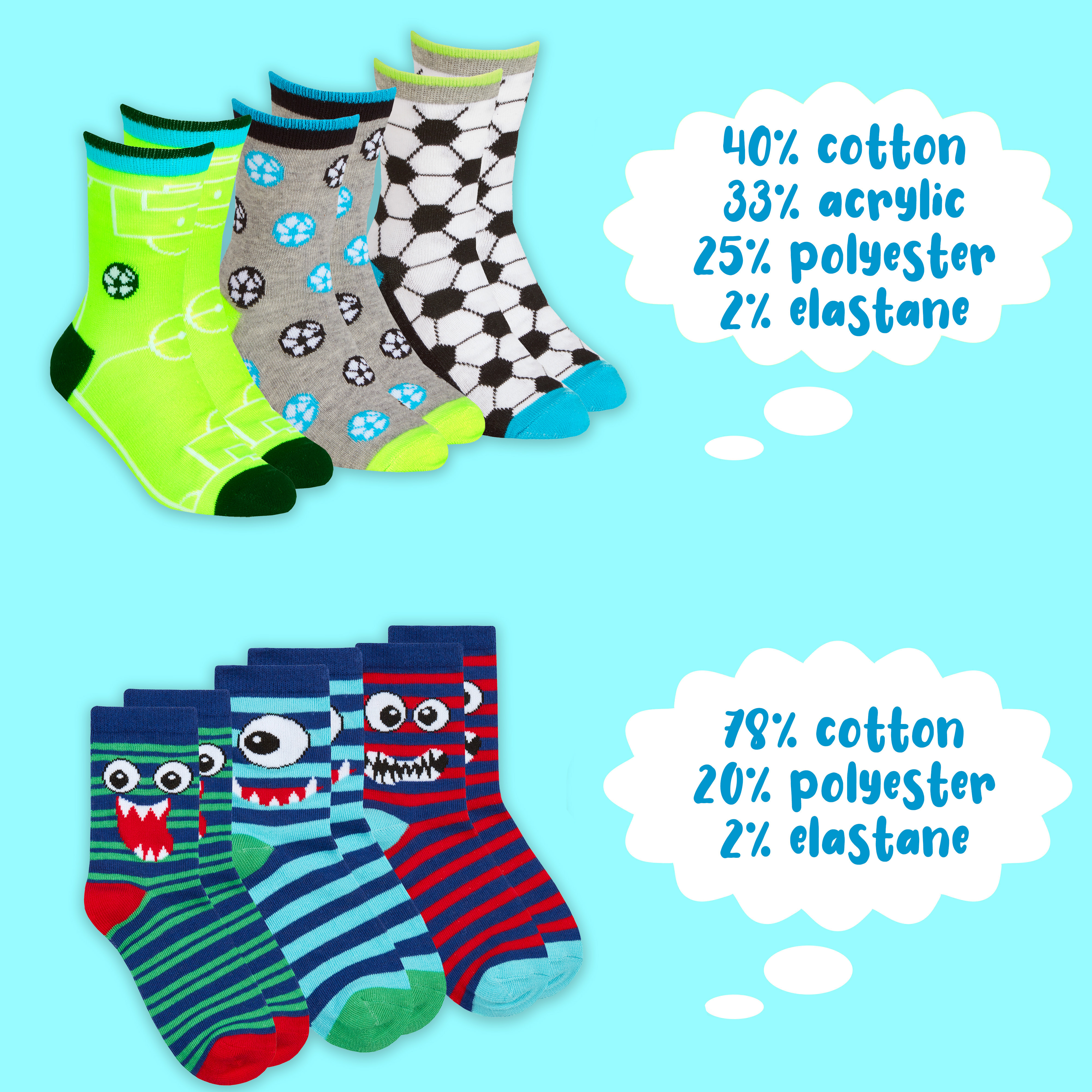 Kids Boys 6 Pairs Crew Socks Cotton Rich Novelty Cartoon Print Mid Calf Sock Set - Picture 8 of 43