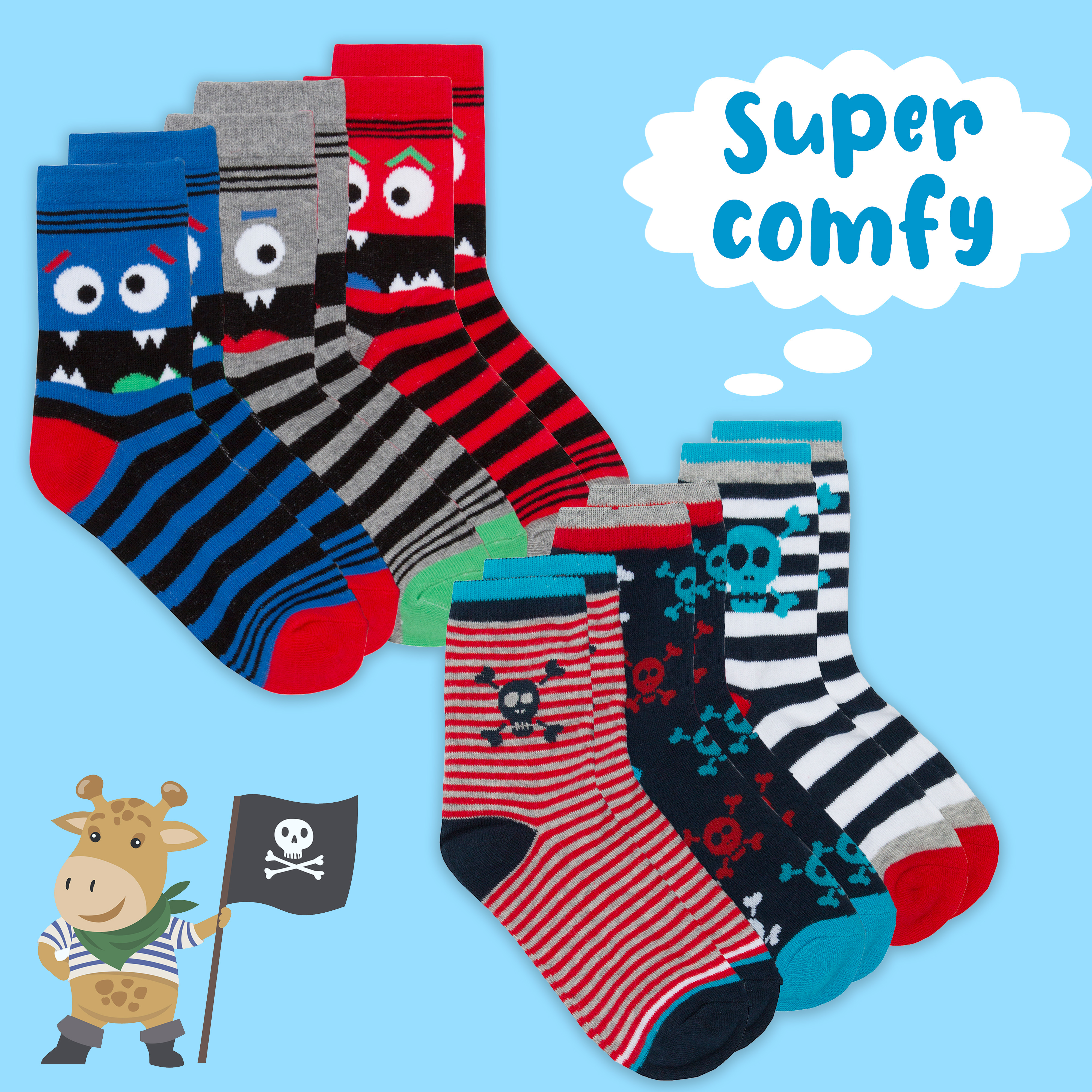 Kids Boys 6 Pairs Crew Socks Cotton Rich Novelty Cartoon Print Mid Calf Sock Set - Picture 24 of 43