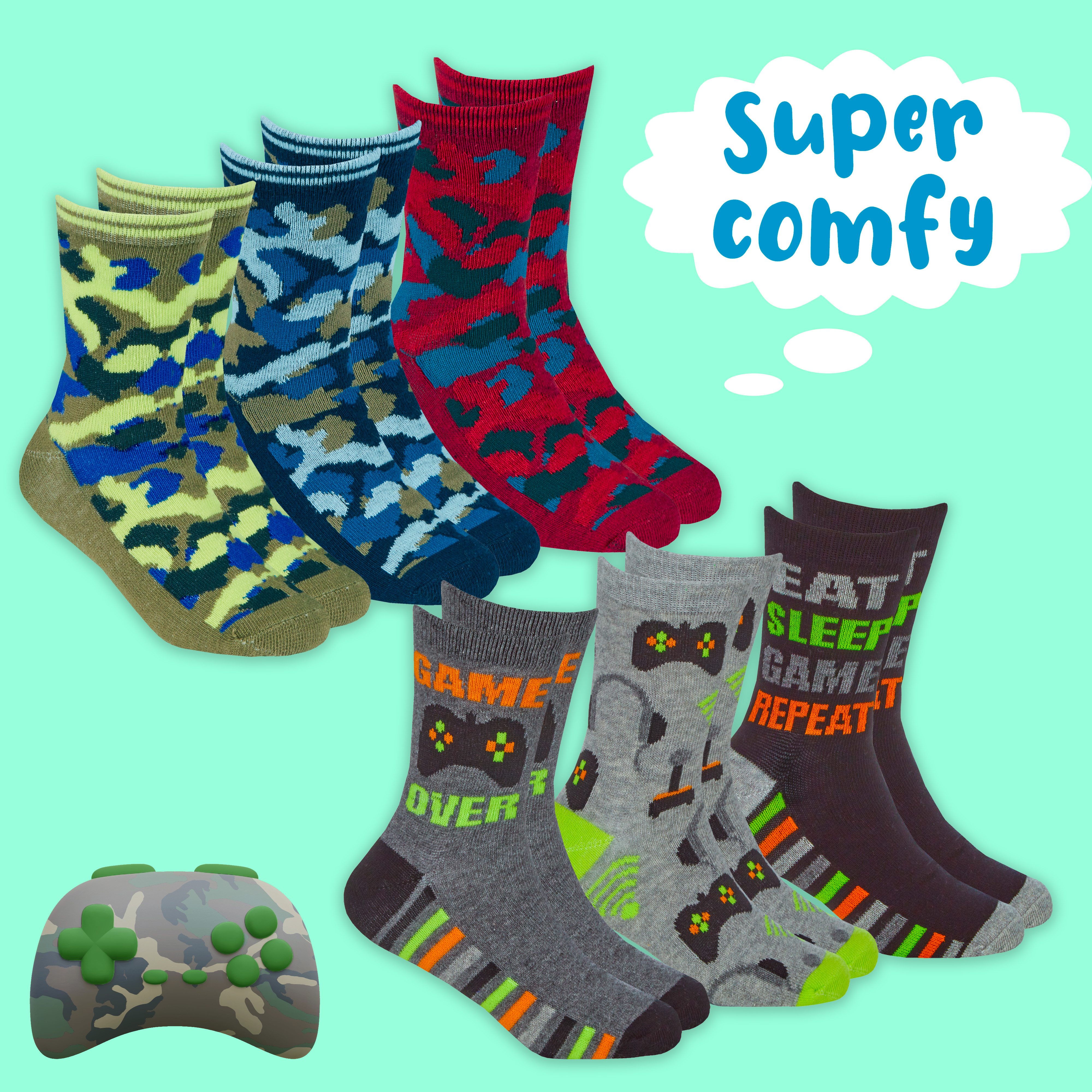Kids Boys 6 Pairs Crew Socks Cotton Rich Novelty Cartoon Print Mid Calf Sock Set - Picture 3 of 43