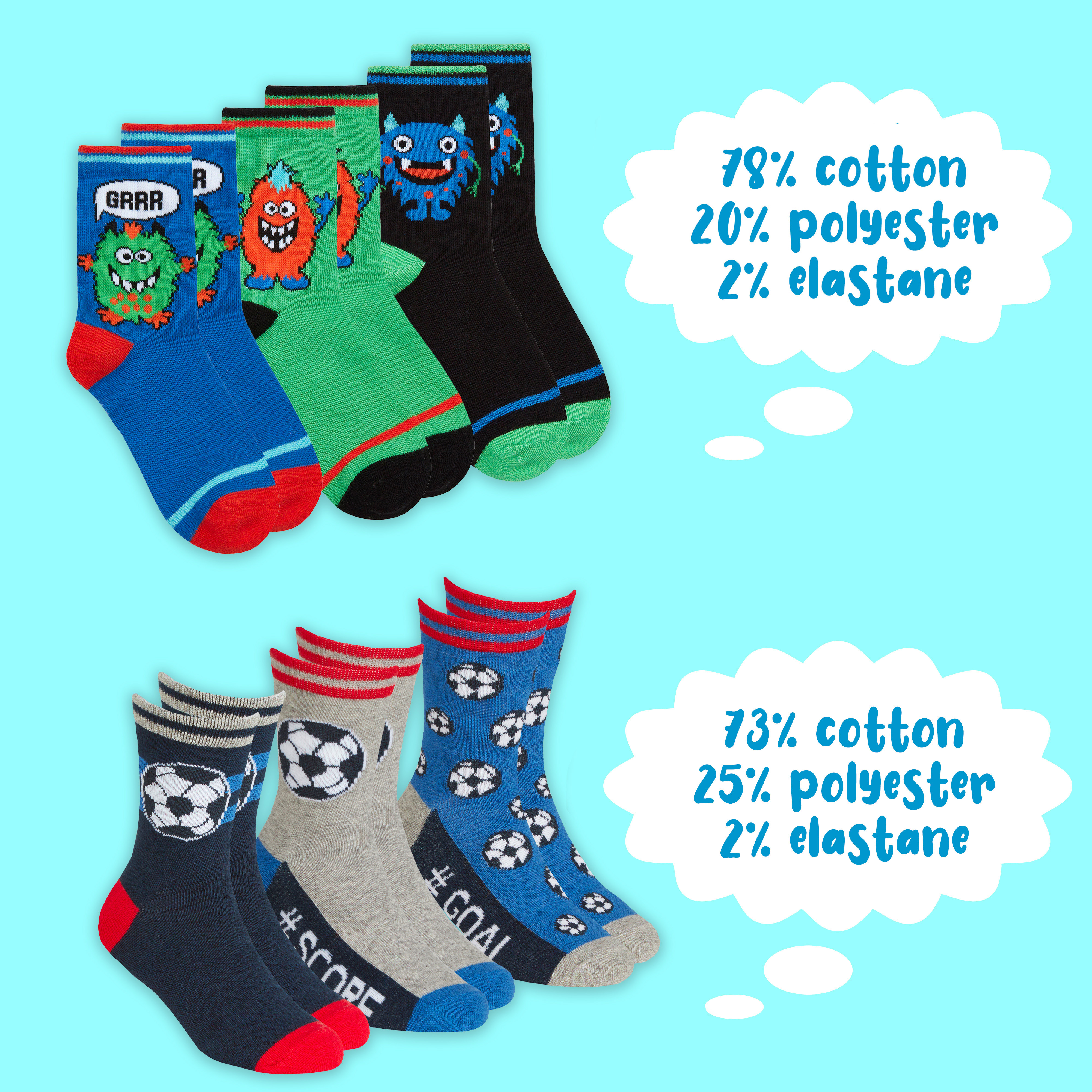 Kids Boys 6 Pairs Crew Socks Cotton Rich Novelty Cartoon Print Mid Calf Sock Set - Picture 11 of 43