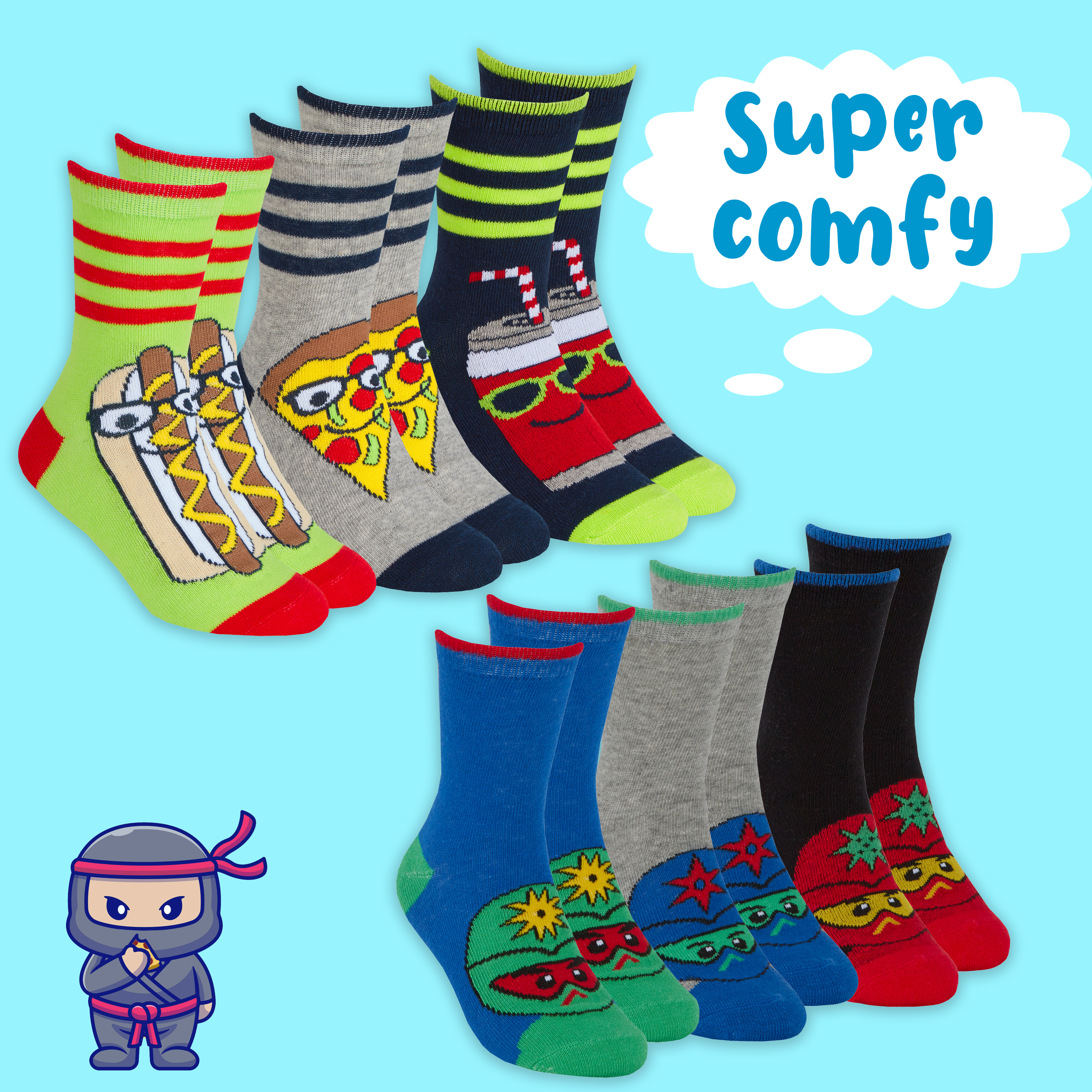 Kids Boys 6 Pairs Crew Socks Cotton Rich Novelty Cartoon Print Mid Calf Sock Set - Picture 18 of 43