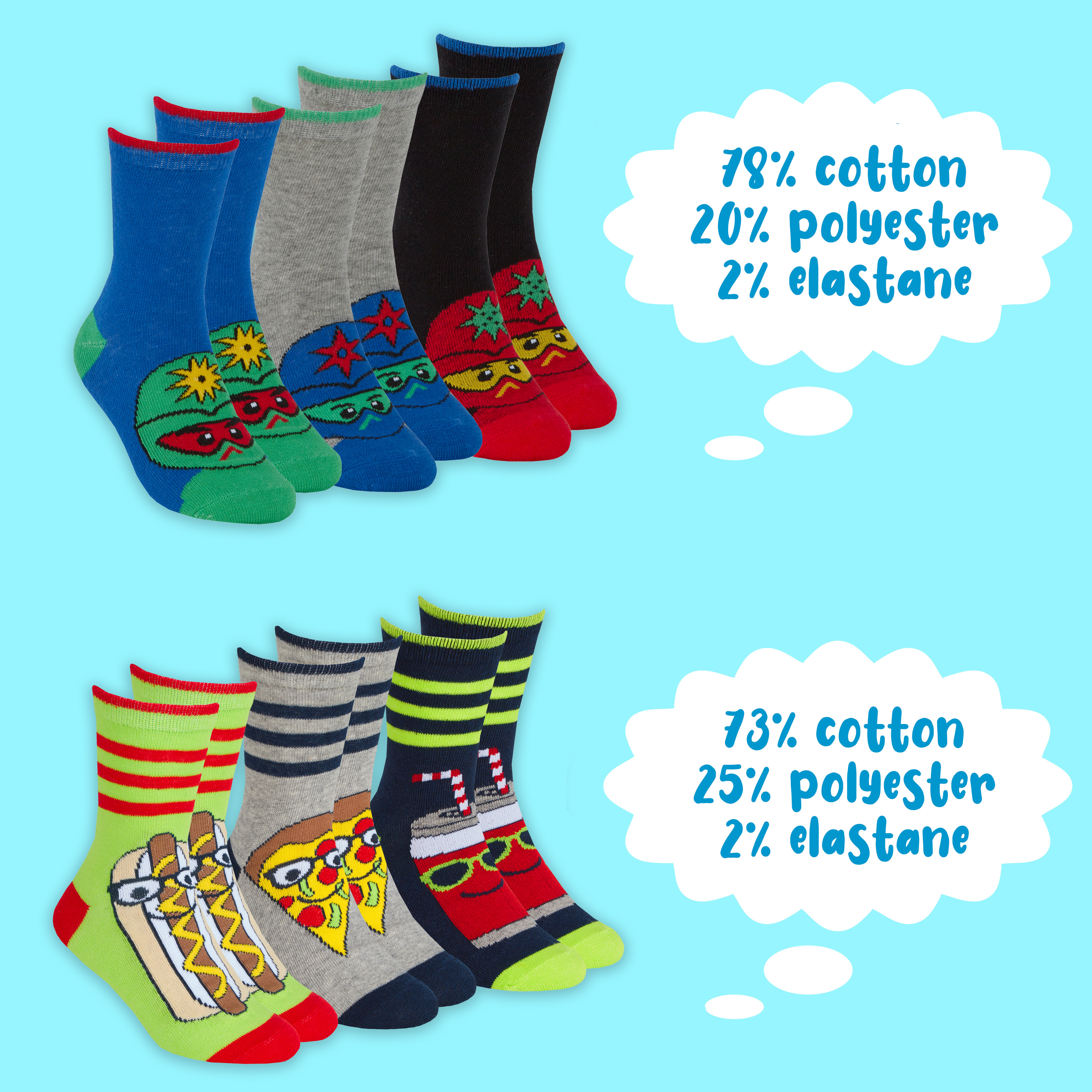 Kids Boys 6 Pairs Crew Socks Cotton Rich Novelty Cartoon Print Mid Calf Sock Set - Picture 17 of 43