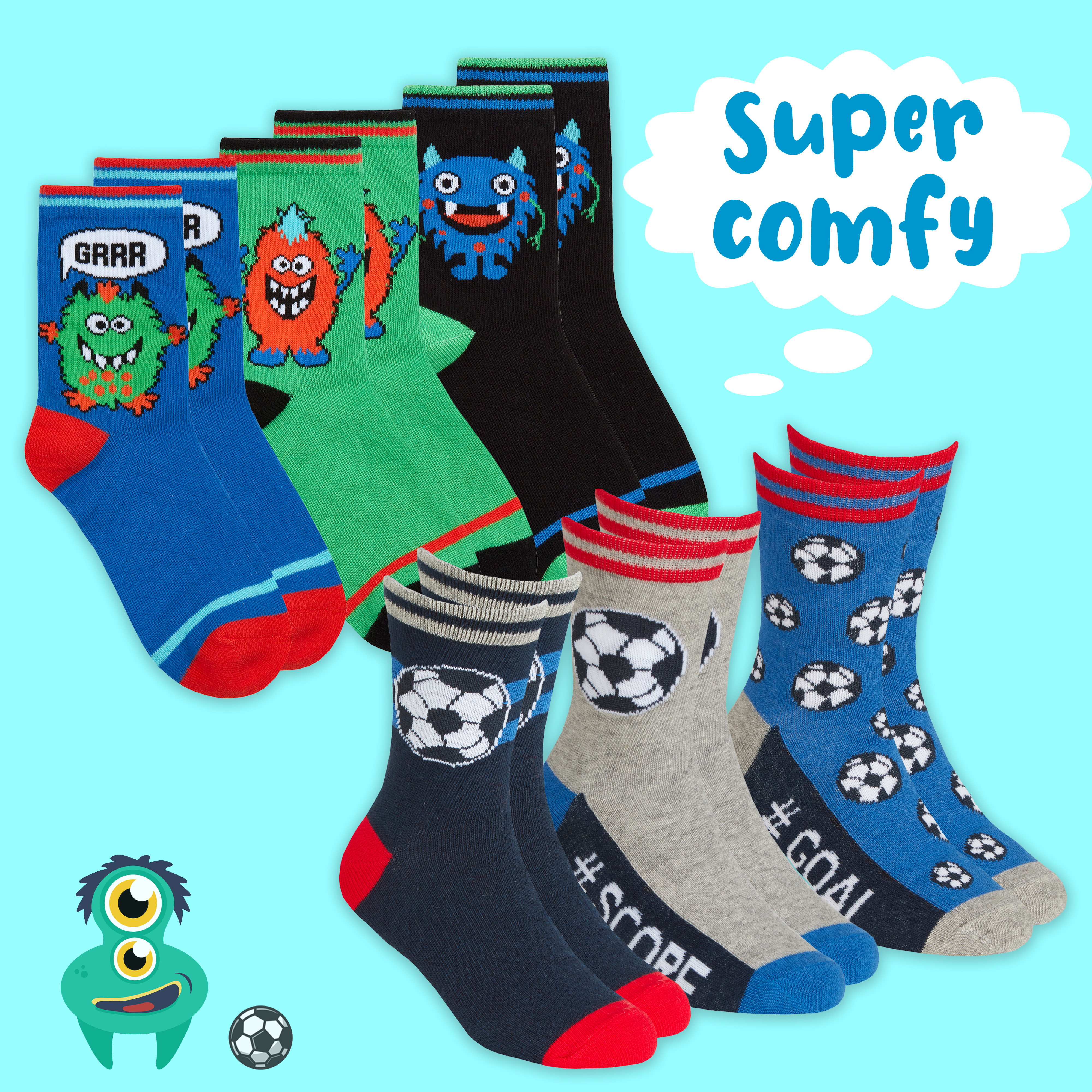 Kids Boys 6 Pairs Crew Socks Cotton Rich Novelty Cartoon Print Mid Calf Sock Set - Picture 12 of 43