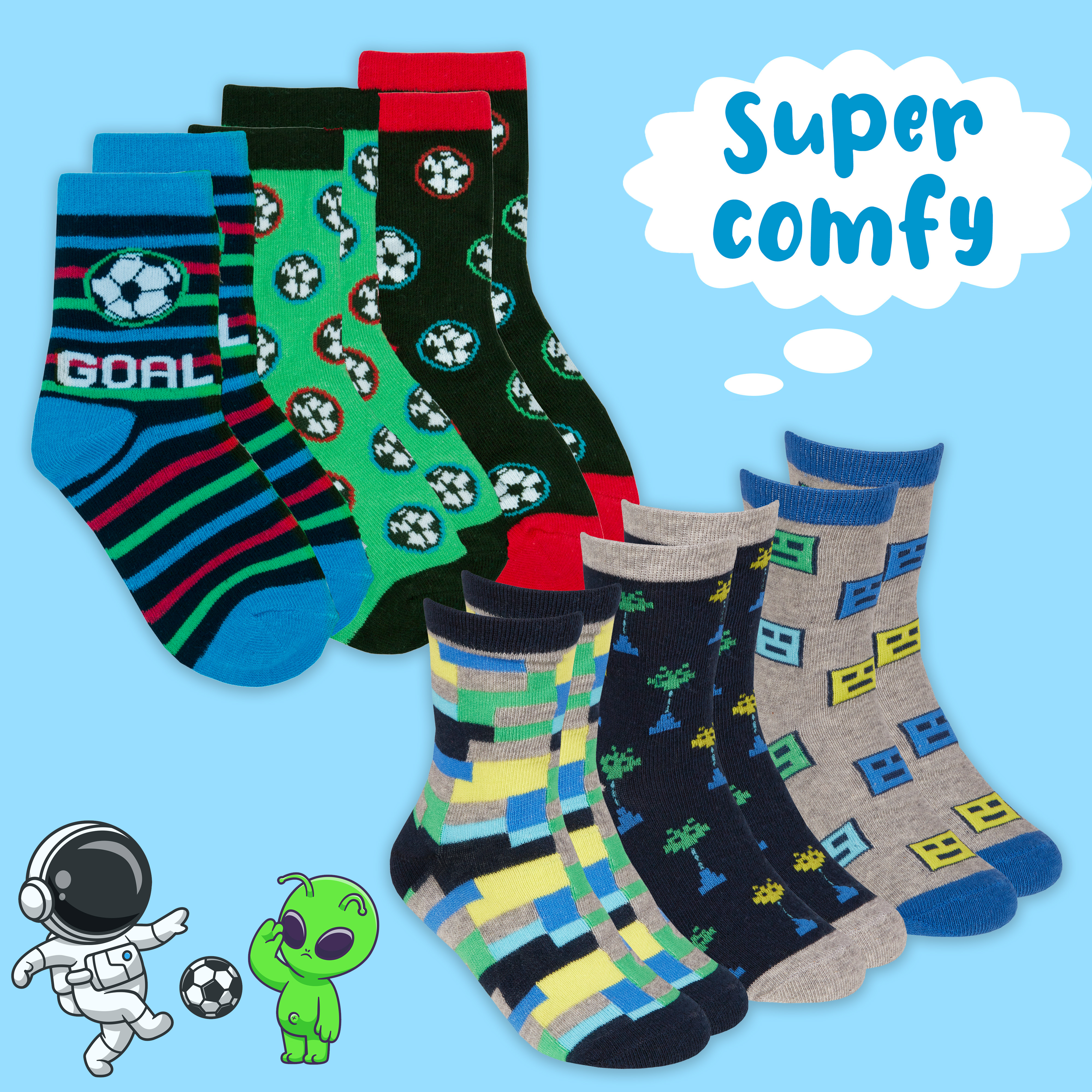 Kids Boys 6 Pairs Crew Socks Cotton Rich Novelty Cartoon Print Mid Calf Sock Set - Picture 15 of 43