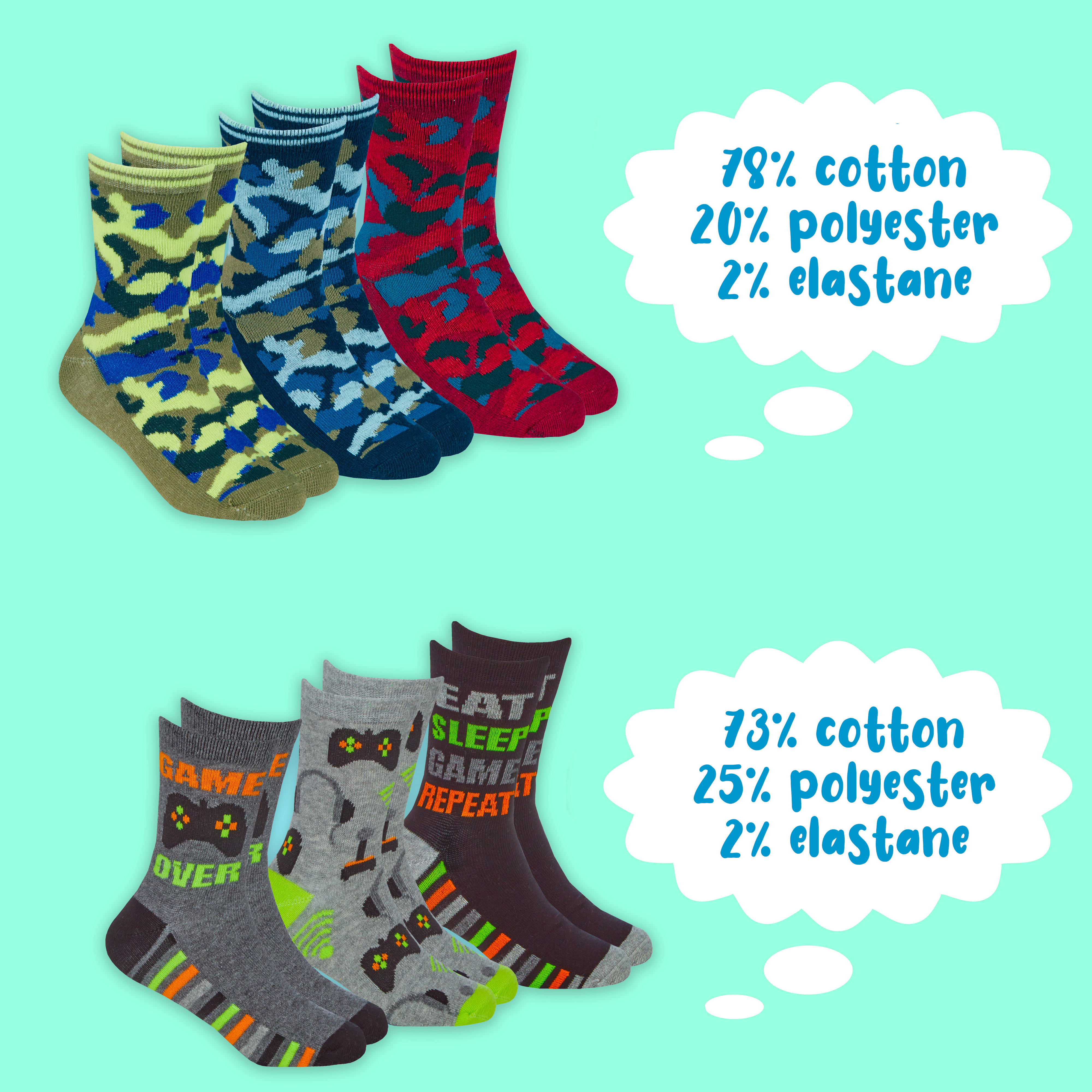 Kids Boys 6 Pairs Crew Socks Cotton Rich Novelty Cartoon Print Mid Calf Sock Set - Picture 2 of 43