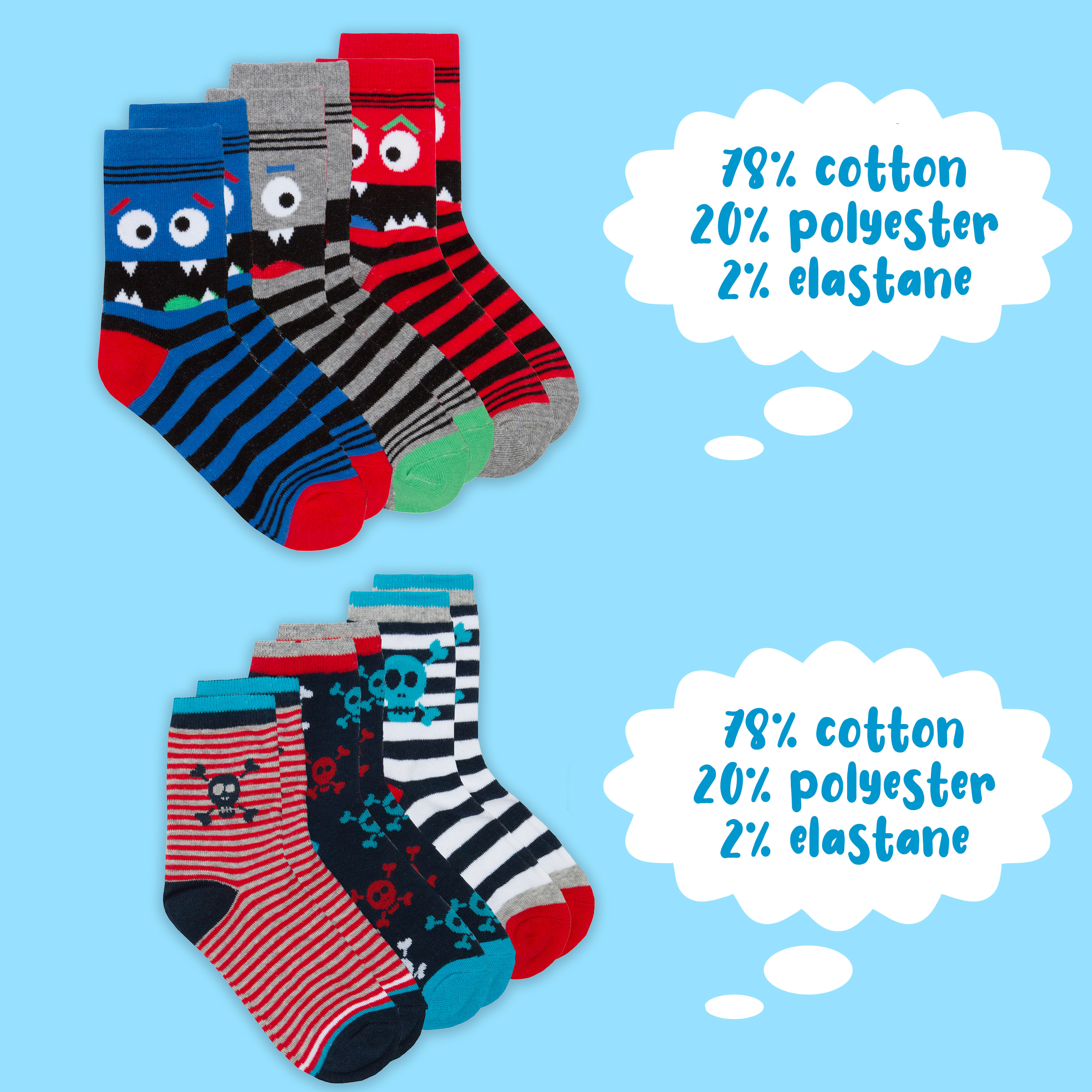 Kids Boys 6 Pairs Crew Socks Cotton Rich Novelty Cartoon Print Mid Calf Sock Set - Picture 23 of 43