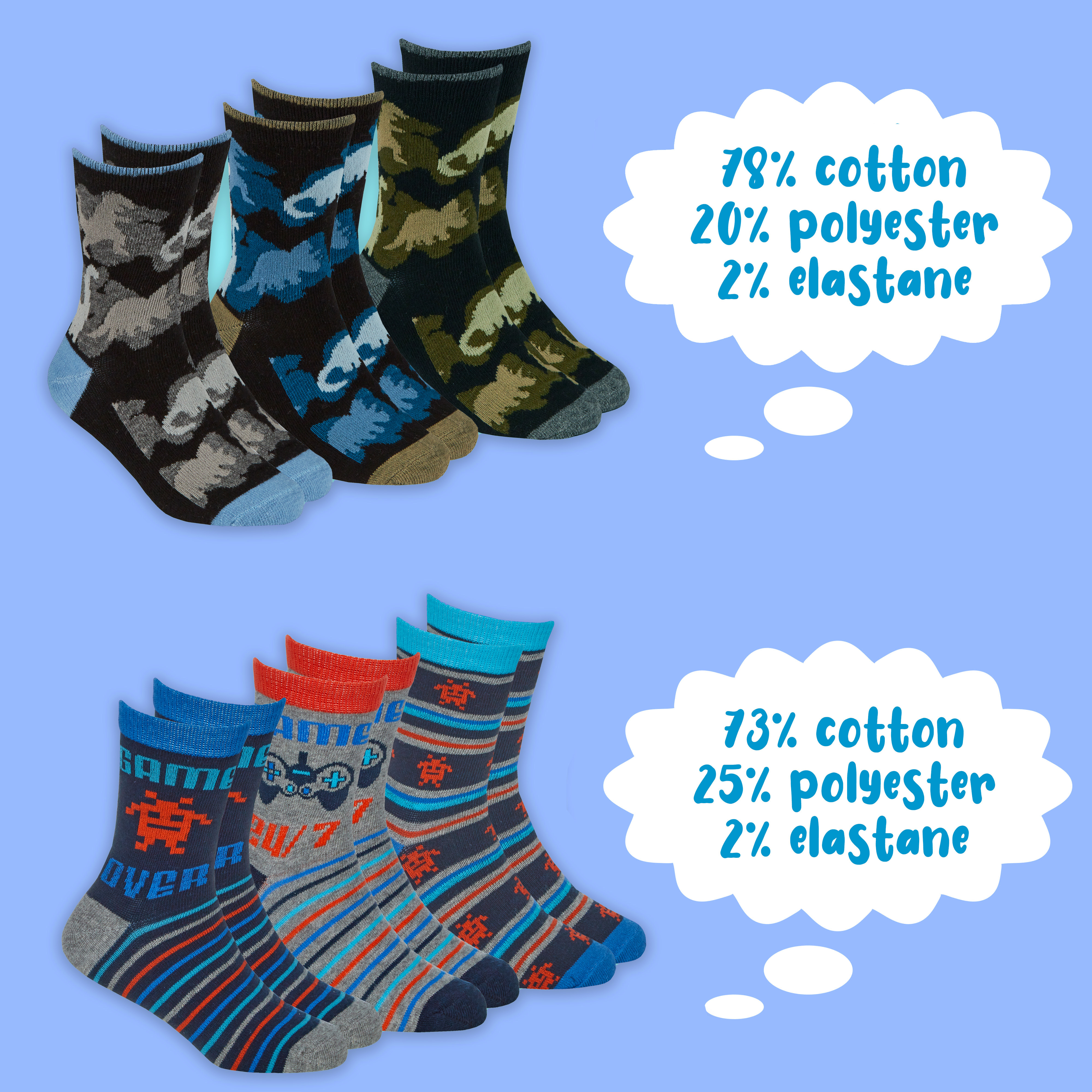 Kids Boys 6 Pairs Crew Socks Cotton Rich Novelty Cartoon Print Mid Calf Sock Set - Picture 5 of 43