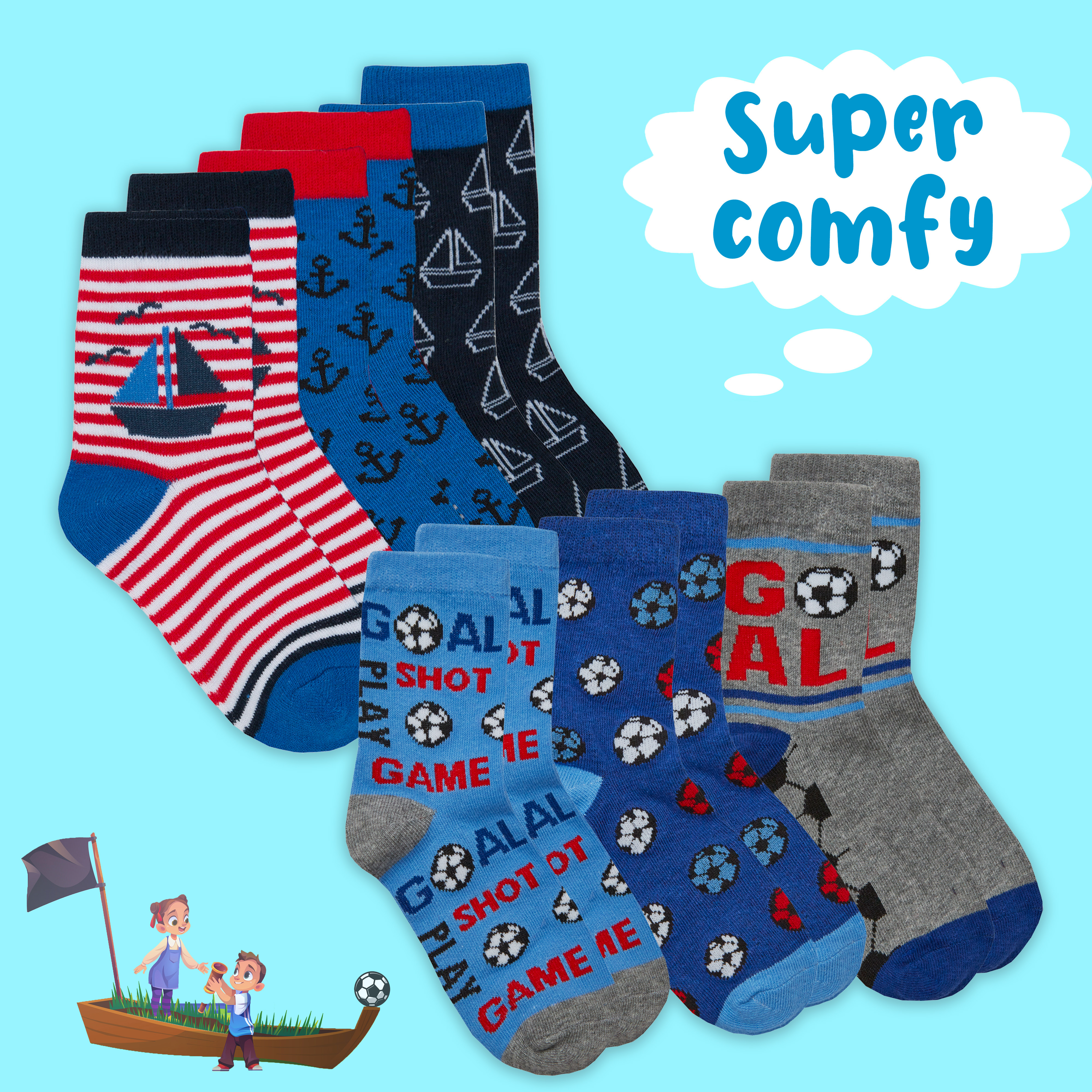 Kids Boys 6 Pairs Crew Socks Cotton Rich Novelty Cartoon Print Mid Calf Sock Set - Picture 27 of 43