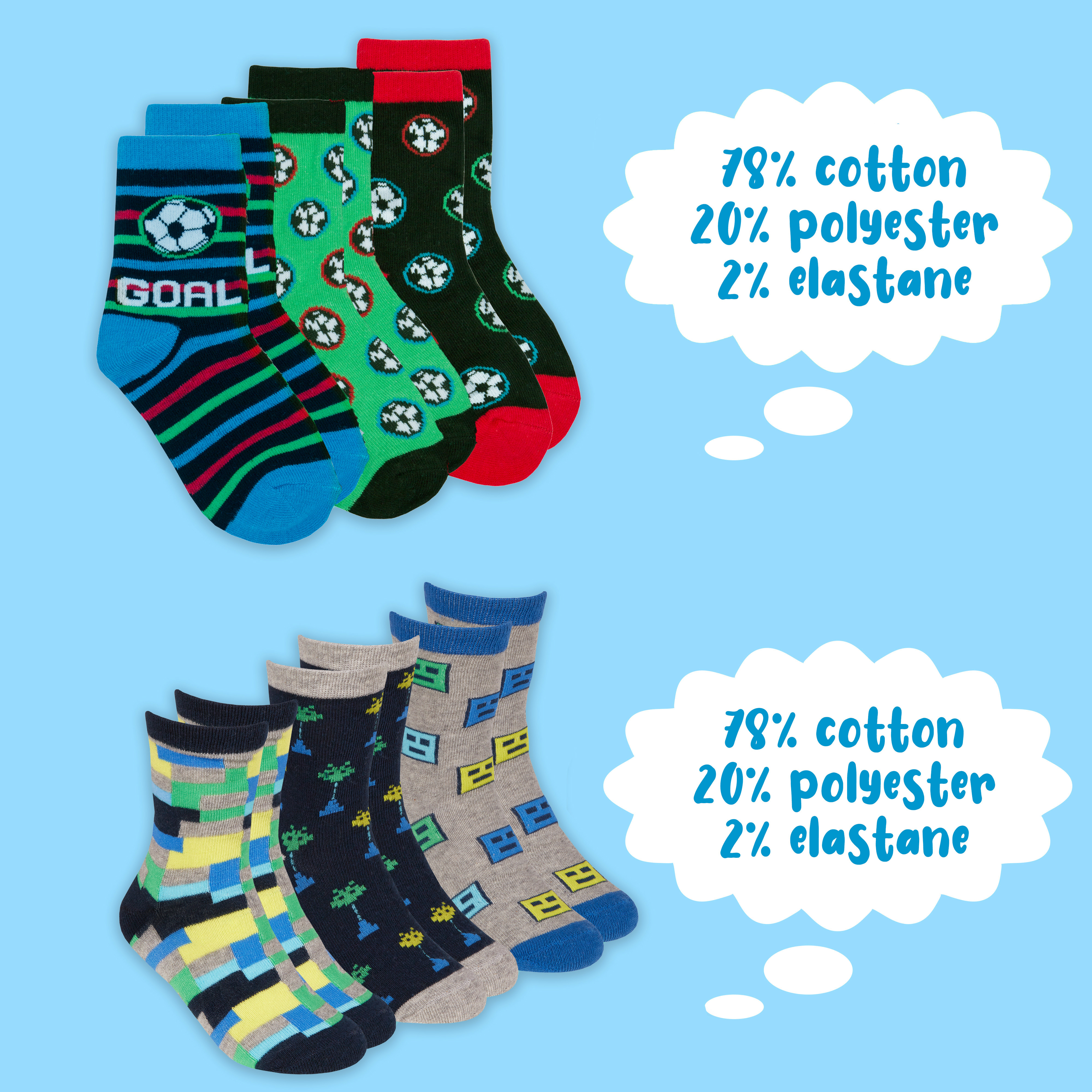 Kids Boys 6 Pairs Crew Socks Cotton Rich Novelty Cartoon Print Mid Calf Sock Set - Picture 14 of 43