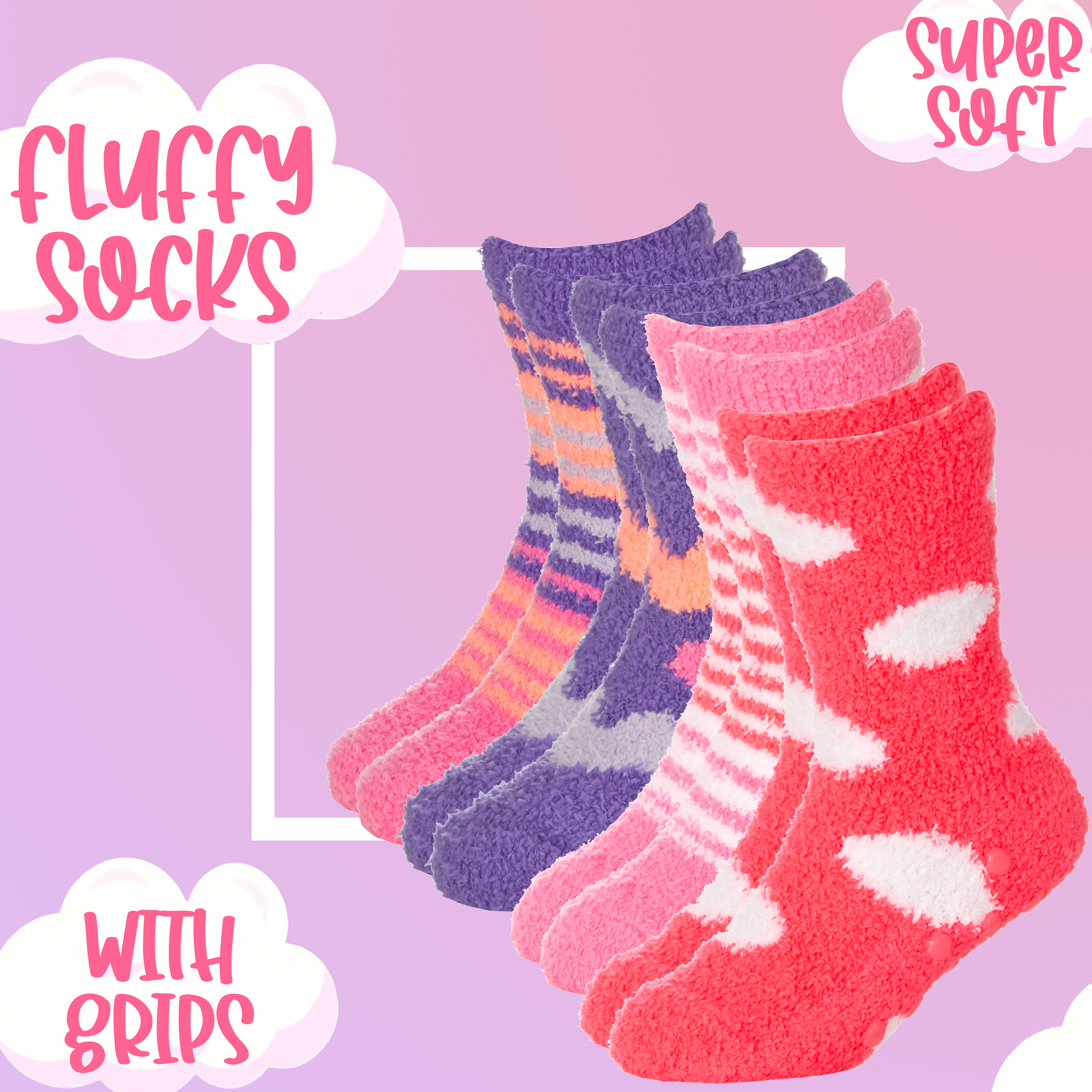Kids Infant Girls Socks 4 Pairs Non Skid Anti Slip Grips Winter Warm Cosy  Fluffy