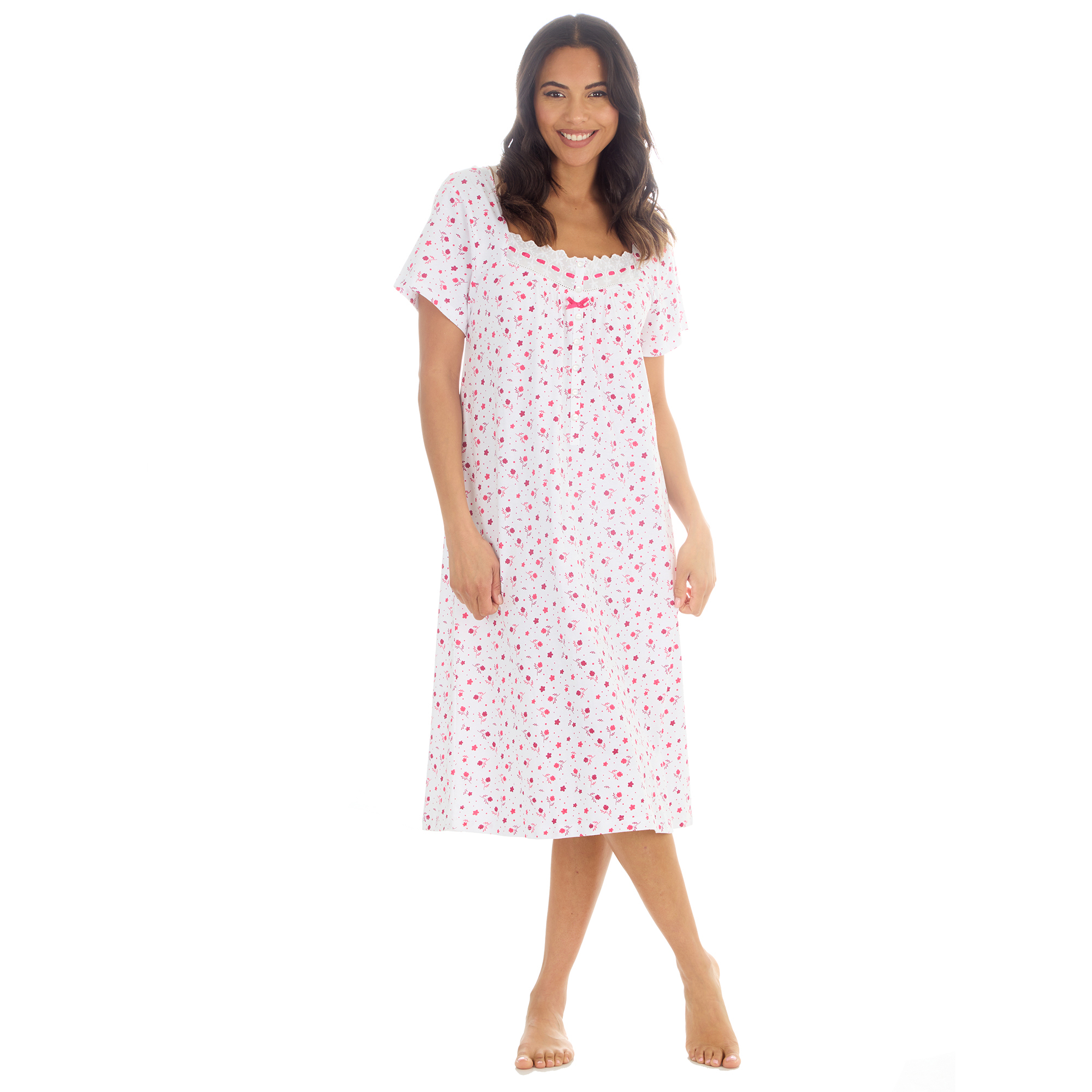 Ladies Floral Short Sleeve Nightshirt 100% Cotton Nightdress Nightie Dress 10-24