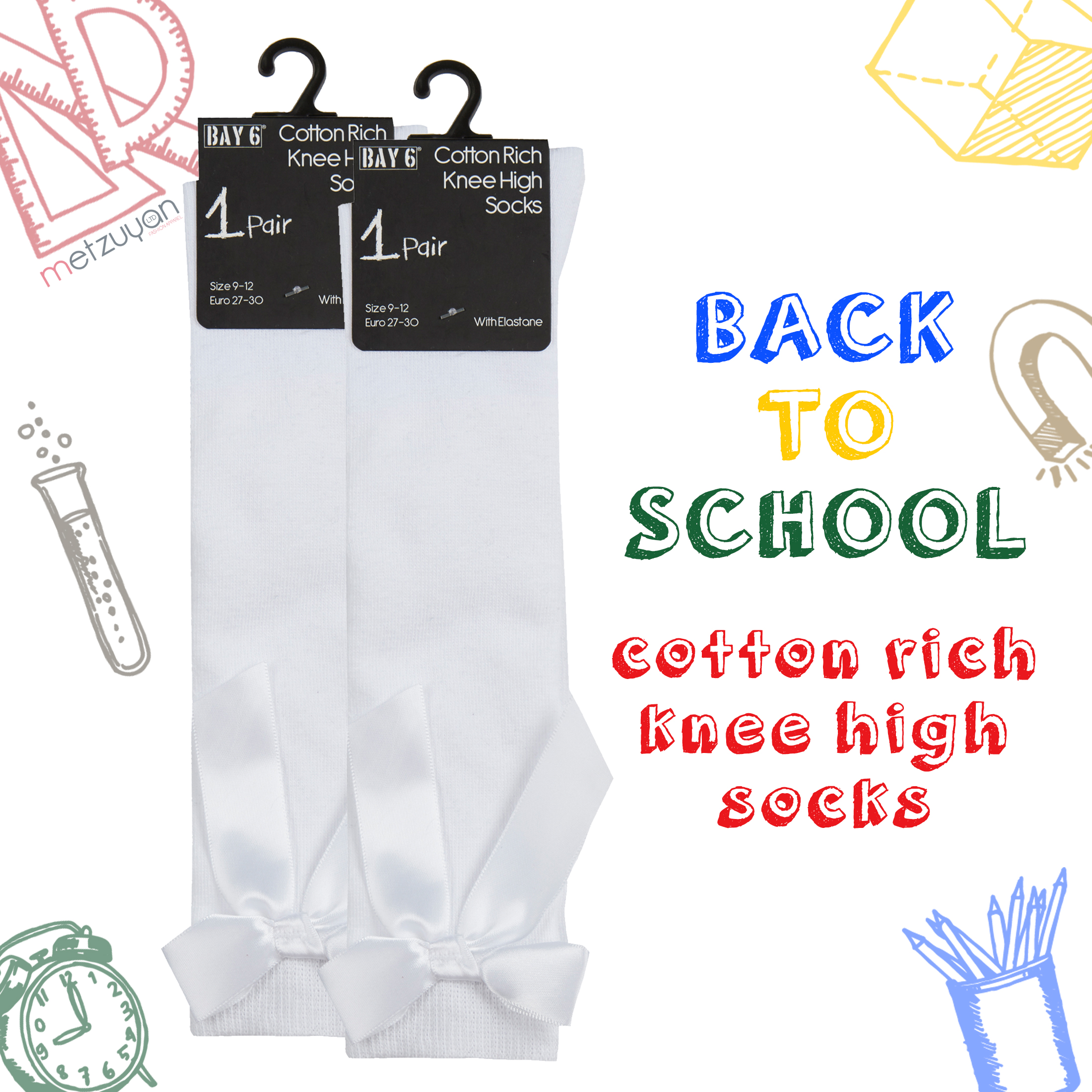 2 Pairs Kids Girls High Knee Socks Bow Back to School 6-8.5 9-12 12.5-3.5 4-5.5 - Picture 13 of 14