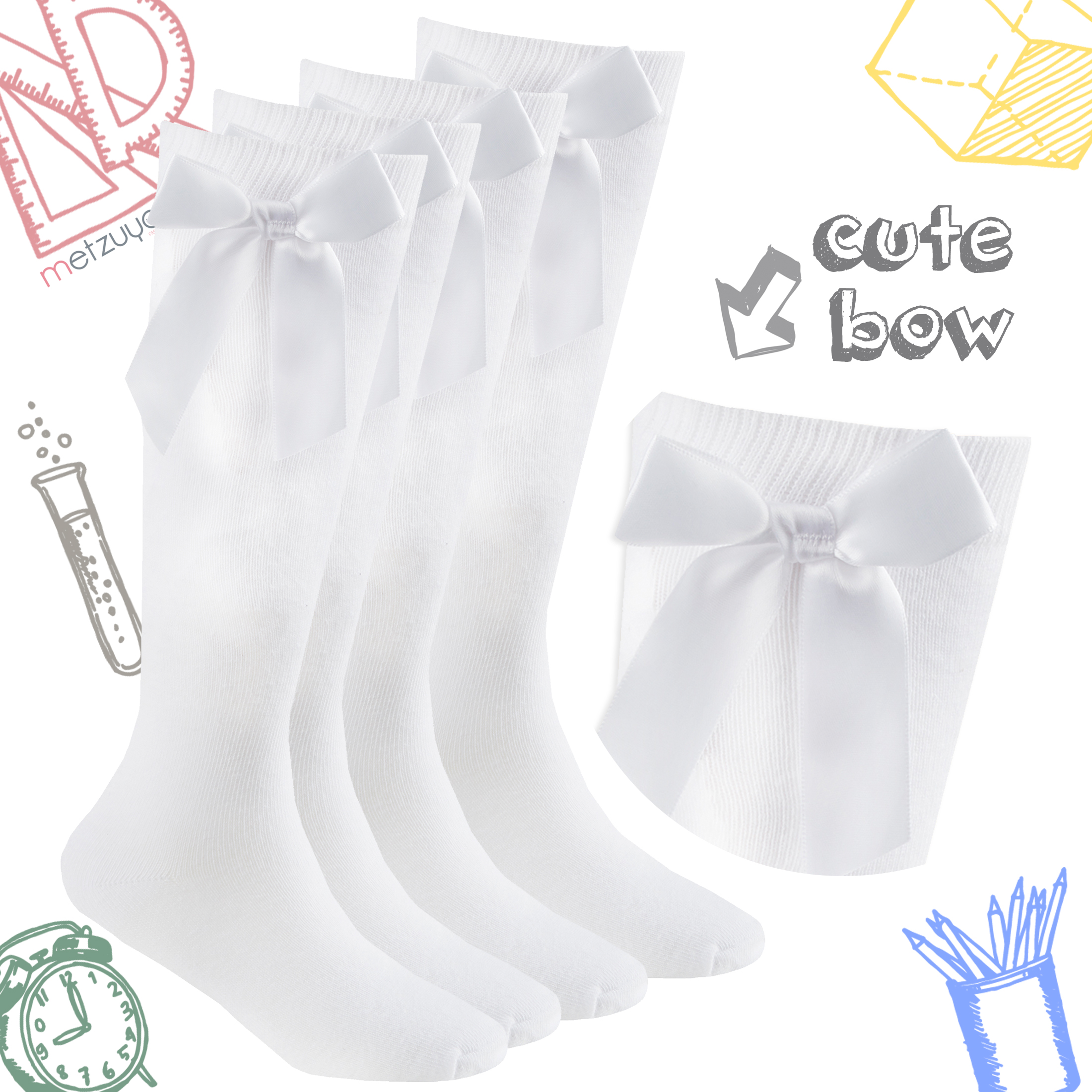 2 Pairs Kids Girls High Knee Socks Bow Back to School 6-8.5 9-12 12.5-3.5 4-5.5 - Picture 14 of 14