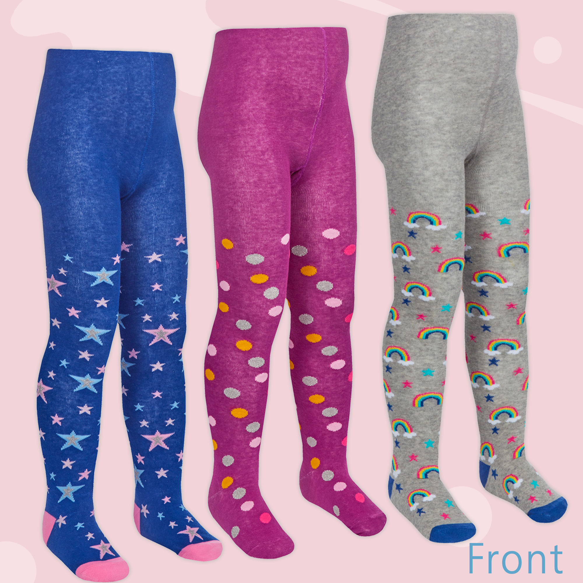 3 Pairs Girls Tights Novelty Spotty Multi Colours Patterned Cotton